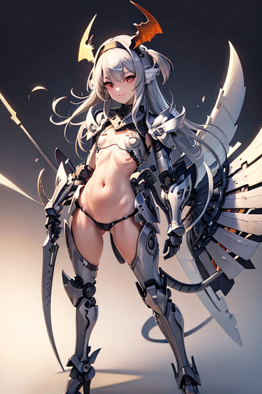 full body, High resolution, sight, smile, Shortcuts, bangs, Red eyes, Headpiece, Bangs between the eyes, head band, Horns of the beast, multiview, Decorative arts, masterpiece, Accurate, Anatomically correct, 最high quality, High resolution, Attention to detail, High resolutionモデル, high quality, Very detailed, Grey Hair, Silver Hair, Intersecting bangs, Hide your ears, Please open your mouth a little, teeth, Smile with teeth showing, Slanted Eyes, multiview, Setting diagram, Status Table, bonus, Character Design画, head band, Mole at the corner of the mouth, Feather Hair Accessories, Cast a Shadow, 8k octane, アニメ, アニメ風, Character Design, Brown Skin、Bone wings on the back、Chest exposure、Shoulder Bare、Mechanical Limbs、Exposure of the belly、Fluorescent orange lines on clothes