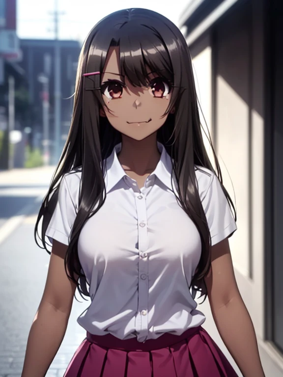 great quality ++ Extremely detailed high resolusionolution, (((very aesthetic))), expressive eyes, (((perfect face))), (((((face symmetrical))))), ((((perfect face)))), (((((good anatomy))))), (((perfect hands))), (((8k)))), UHD, HD wallpaper, (((high detailed calidra, (((((1girl)))))), only, ((((Masterpiece)))), ((((Best quality))))), ((((high resolution)))), Highly detailed, (illustration), beautiful detailed eyes, (((combatant))), (((1girl)))), (((((illyasviel von einzbern))))), (((brown eyes))), (((black hair))), (((long hair))), (((dark skin))), (((dark-skinned female))), (((tan))), (((tanlines))), (((hairclip))), (((white shirt))), (((collared shirt))), (((pleated skirt))), ((((fang)))), (((asymmetrical body))), (((asymmetrical hair))), (((asymmetrical clothes))), (((adult body))), (((milfication))), (((mature female))), (((((big breasts))))), ((((Blurred smile)))),