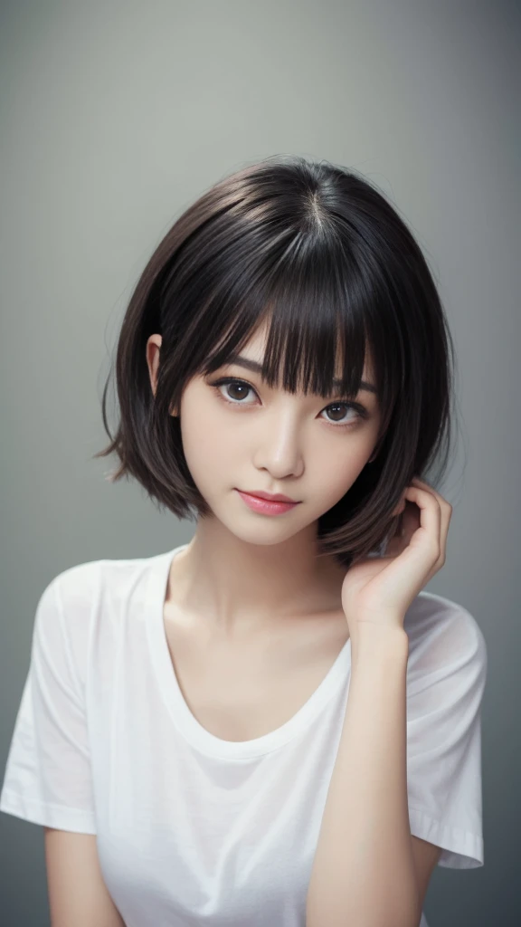 (Highest quality, Very detailed, masterpiece:1.2), 1 women, Very thin body, length, Thin legs, ((Black short hair:1.2)), ((Thick and fluffy bangs)), Very detailedな顔,A faint smile, small, Thin Nose, small thin mouth, Extremely sharply focused eyes, Japanese, Beautiful Face, Realistic eyes, Beautiful and beautiful eyes, Realistic Skin, Beautiful Skin, charm, (A vivid face), Beautiful Hairstyles,((Over Size white T-shirt)),脇を見せる,(腕を上げる),Creepy and unique hairstyles,下からのアングル, High resolution, Vibrant color palettel, Amazing place