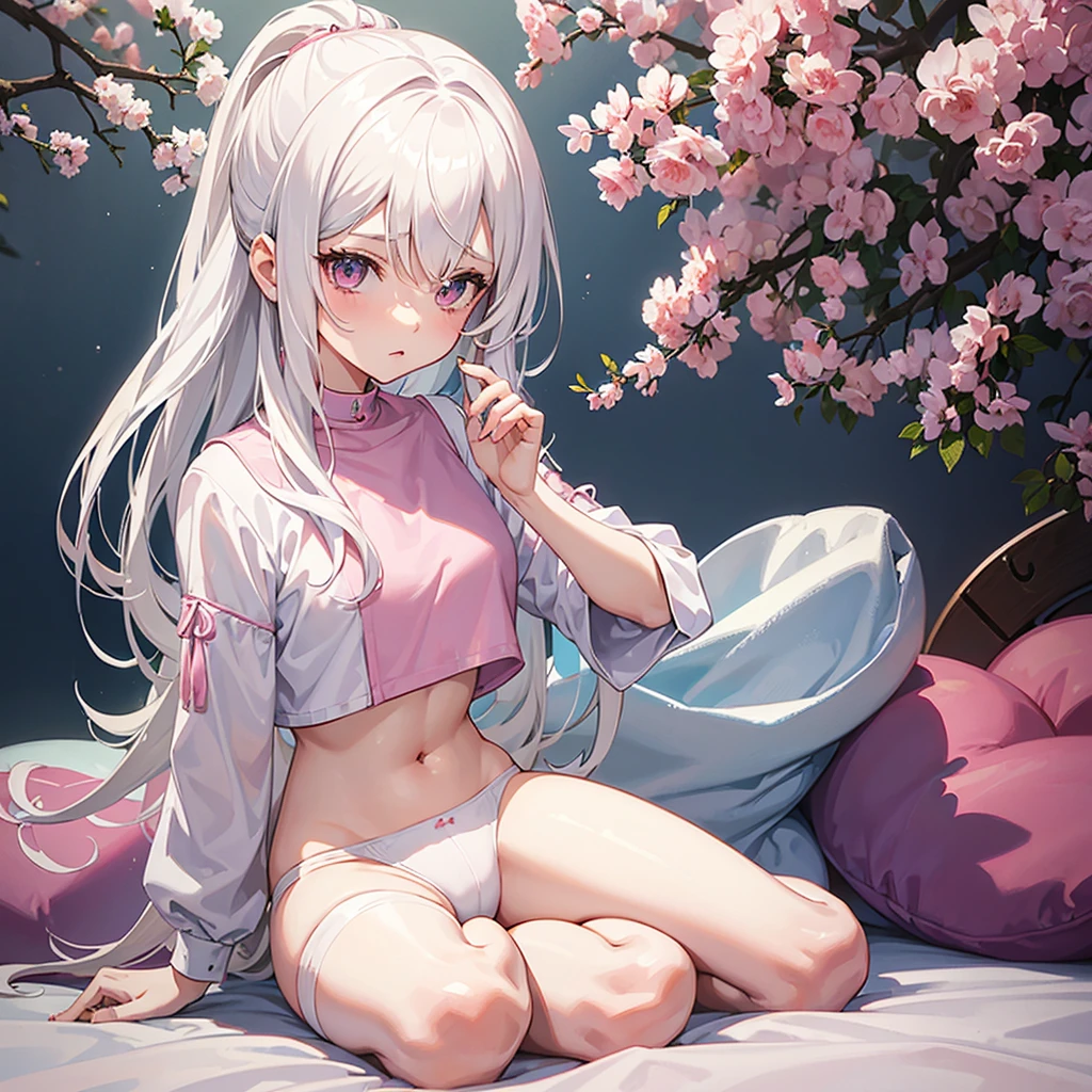A girl, with white hair, in anime version. She is very childish with a childish face, she must be kneeling on a bed, image from behind, and she must be wearing a pink crop top, with short white panties, with long pink socks too. Her eyes must be brown.