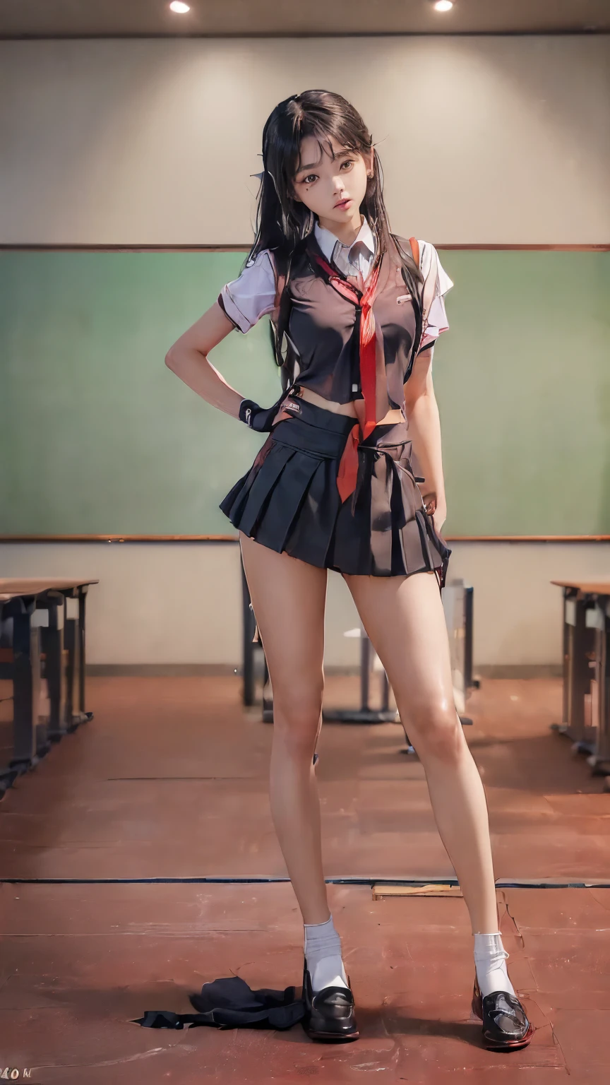 ((masterpiece)),(((最high quality))),(((Girl standing in a school classroom:1.8))),(((Photographed from the back of the classroom, facing the blackboard:1.7))),((((Background of rows of desks:1.8)))),(((((The background is a modern, clean and tidy classroom.:1.9))))),((((Photograph the whole body:1.9)))),((((((Stand up straight with your feet together:1.9)))))),((Thin thighs:1.6)),((Long legs:1.7)),(((Micro mini skirt uniform for high school girls:1.6))),((tall:1.8)),((Wearing Japanese summer school girl uniform:1.8)),((Slim Model body type:1.5)),((Thin legs:1.6)),((Wearing a white short-sleeved school shirt:1.3)),(Age is :1.3),bangs,A small smile,((cute girl)),Slender girl,((Black Loafers:1.3)),((short white socks up to the ankles,:1.3)),(((Wearing a red student tie:1.6))),cute,The thigh area below the groin is slim and firm,cute,(Black hair ponytail),Thin legs,Slim Model body type,Very small waist,Small hips,Long thighs,Thin thighs,Thin hands,Long hands,((((下からPhotograph the whole body:1.7)))),(((((k-popのWONYOUNGにそっくりの女の子:1.9))))),((Stretch your whole body straight:1.8)),(((The face is facing this way:1.7))),((tall:1.4)),(Stand with your legs straight and without bending your knees:1.7),((Stand up straight:1.9)),The ankles are super thin,beauty,Fine skin,Firm Skin,Realistically reproduced skin detail of thin legs,Very detailed, Attention to detail,high quality,Awards,High resolution,(Anatomically correct:1.3),(8k,RAW Photos,最high quality,masterpiece:1.5),(((Girl from belowPhotograph the whole body:1.7))),Height 173cm,((Stand up straight with your feet together:1.8)),((Stand up straight with your feet together:1.7)),(((Keep your back straight:1.8))),((I&#39;looking forward to it:1.2)),9 heads,Model body type,((Inseam is half the height:1.5)),(Thin thighs),((k-popのWONYOUNGにそっくりの女の子:1.5)),RAW Photos,Firm Skin,Fine skin,toned muscular legs,Attention to detail,vivid,Skin Texture,Genuine skin feel,Perfect composition,beautiful,Very detailed,High chroma,Genuine,eyeliner,eye shadow,High nose,Small nostrils,Small Mouth,Seductive lips,beautiful girl,beautiful girl,((The background is a super modern, clean and tidy classroom.:1.9)),((The background is a super modern, clean and tidy classroom.:1.9))