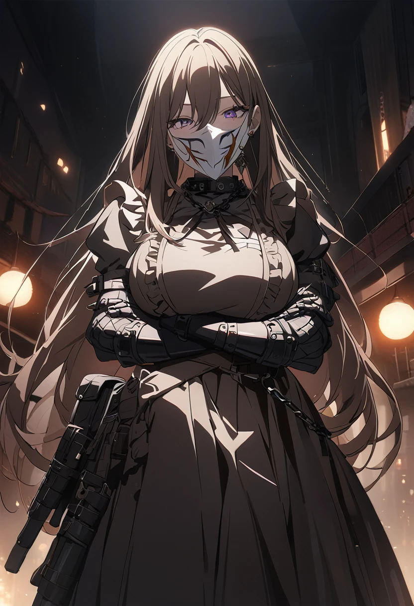 sovetsky_Soyuz, unique eye color, dark brown hair, earrings, webbed belt, tactical, pouches, chain, black maid outfit, frills, apron, weapon Holster, webbed belt, long skirt, metal gloves, black thighhighs, large breasts, long hair, kitsuna mask, full face mask, faceless, white mask, japanese mask, hidden face, ominous vibe, arms crossed, aesthetic light glow, shadowy, Ultra quality, UHD, high detail, anime aesthetic, Anime screenshot, Ultra quality, UHD, high detail