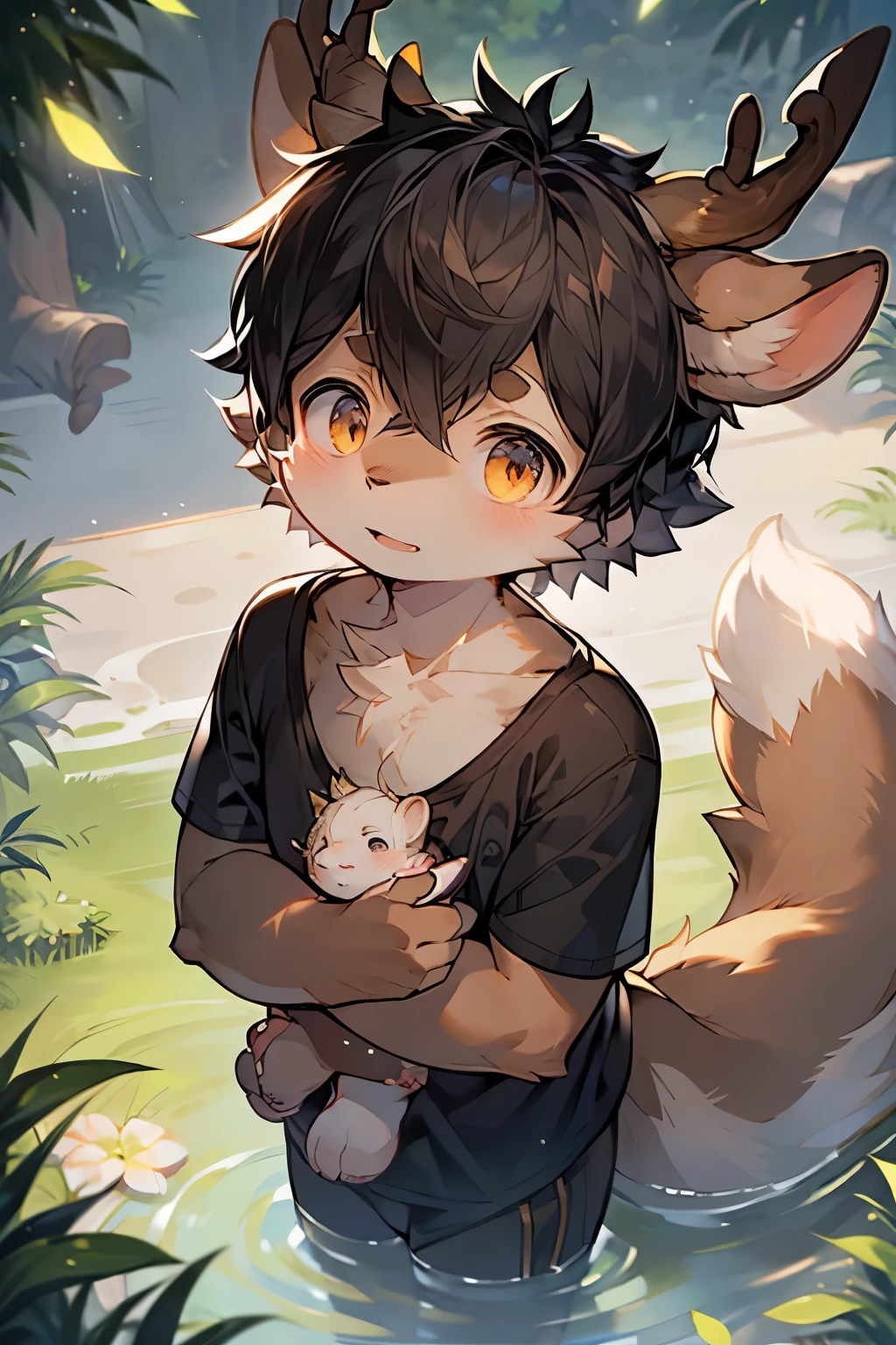 Deer Boy，antlers，Furry boys， characteristics，Dark Skin，Black hair，Short sleeve，