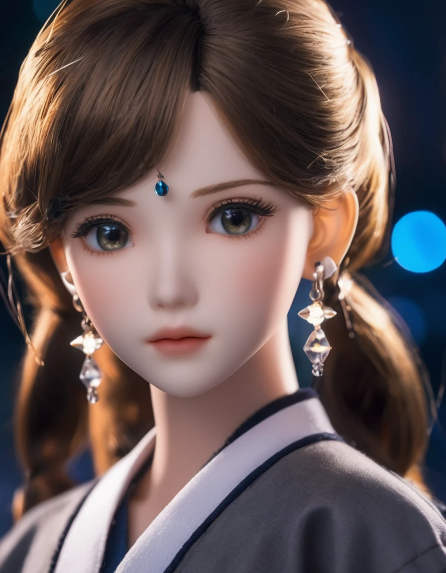 (8K, RAW photos, best quality, masterpiece:1.2), (Practical, photo-Practical:1.37),1 Girl, night, Professional lighting, Close-up of face,earrings,Photon Mapping, Radiosity, Japan doll, School, Gray background