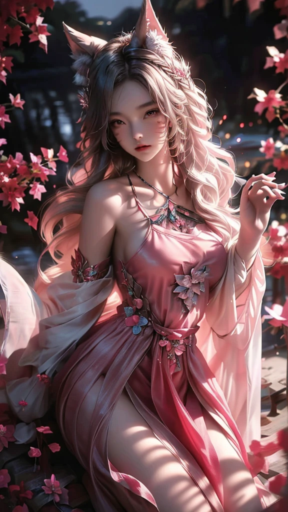 best quality,masterpiece,Ultra-high resolution,(photoactual:1.4),moonflower bush（background）,20 years old ,Moonlight Flower Goddess（Japanese Girls）,long white hair,crescent shaped eyes,Sexy body,,Wearing a moonflower dress,
