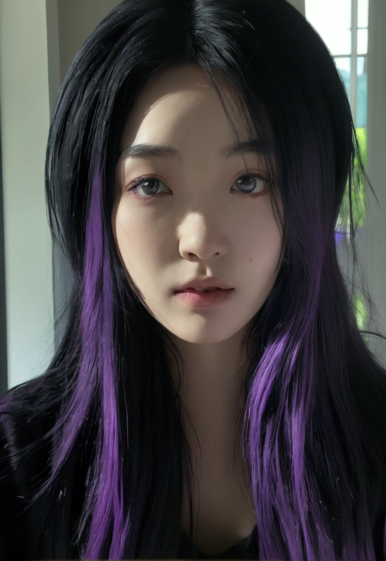 ultra realistic photo of emma, white asiatic, (purple and black hair), in her room, (((wearing a big black pull))), ((no blurry)), detailled backgground, high resolution, face detail