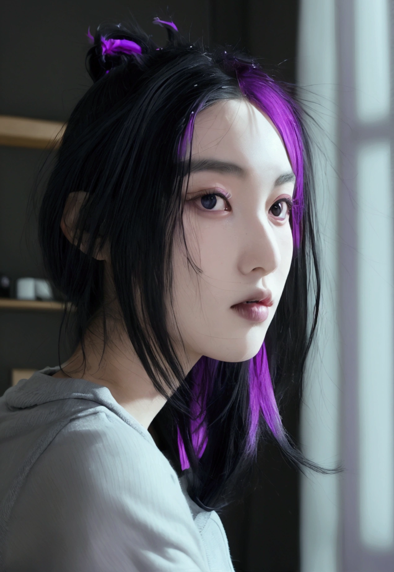 ultra realistic photo of emma, white asiatic, (purple and black hair), in her room, (((wearing a big black pull))), ((no blurry)), detailled backgground, high resolution, face detail