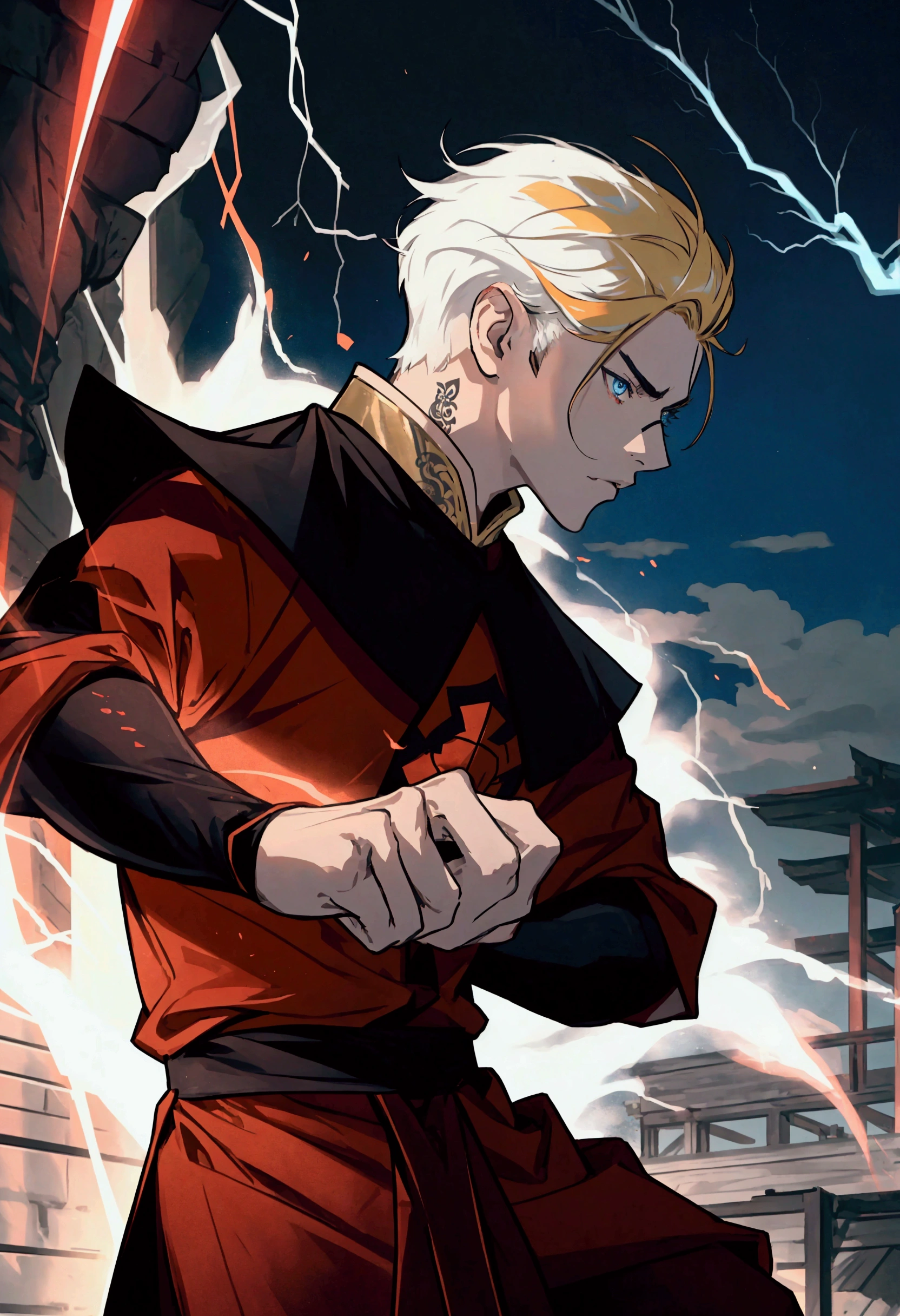1 young man, alone, looking at his enemy, soft lighting, crimson electrical currents on body, 15 year old man, blue eyes, tattoo below the eyes, golden hair, short hair with samurai cut, boyish, black clothes, scene of rage and sadness, best angle, thoughtful, {beautiful detailed eyes}, {detailed light}, {illustration}, {better lighting}, conceptual art, best fight scene, monk t-shirt, black and white, rays of color crimson, lightning all over the body, red lightning in hands, better quality in the fingers, better quality in the eyes, better emphasis on masculine features, best pose, crimson ray, hands apart