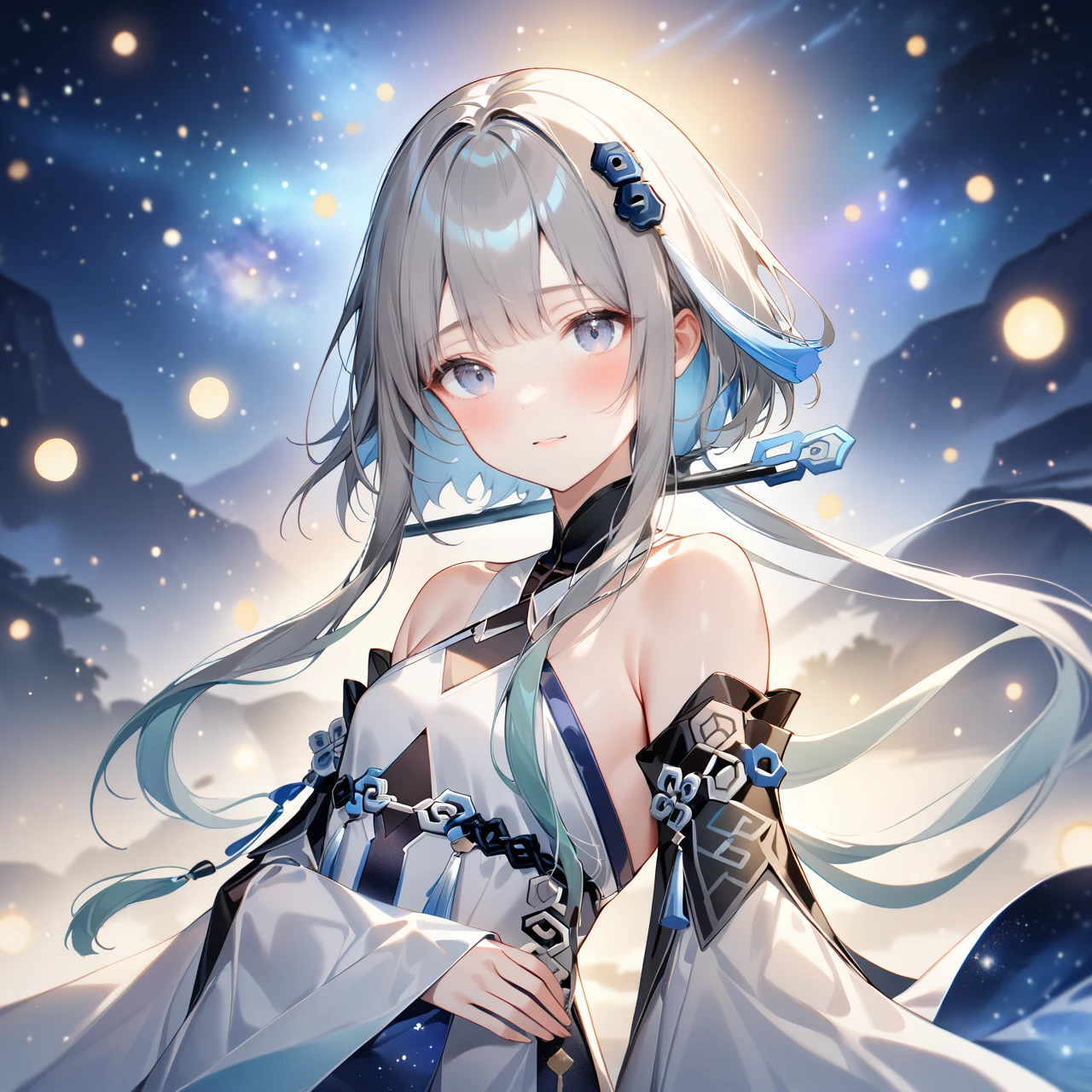 score_9, score_8_up, score_7_up, score_6_up,1girl, guizhong_\(genshin_impact\),(grey hair),short_hair_with_long_locks in front and low ponytail in back,gradient_hair,(pale grey eyes with seafoam gradient),starry_sky_print,detached_sleeves white outside blue starry inside, hands completely hidden by long sleeves,stunning field of softly glowing cerulean and white glaze lilies,night scene,gentle smile,face focus, eye focus,ladyshadow,moonlight,glossy lips,vivid anime coloring,cel shading,smooth, soft dreamy focus,anklet,halter_top,white clothes,highly detailed,digital painting,bare_shoulders,barefoot,cool night tones, magical night scene,bokeh, professional,anemo colored fireflies,nebula of stardust and silvery vapor,harmonious blend of nature and art,transcendent beauty,awe-inspiring artwork,(best quality,4k,8k,highres,masterpiece:1.2),yunamaro,carnelian,dsmile,cosmic stardust,guizhong, guizhong's def clothes, 1girl, long hair, blue eyes, barefoot, guizhong's dress, hair ornament, chinese clothes, sleeves past fingers,