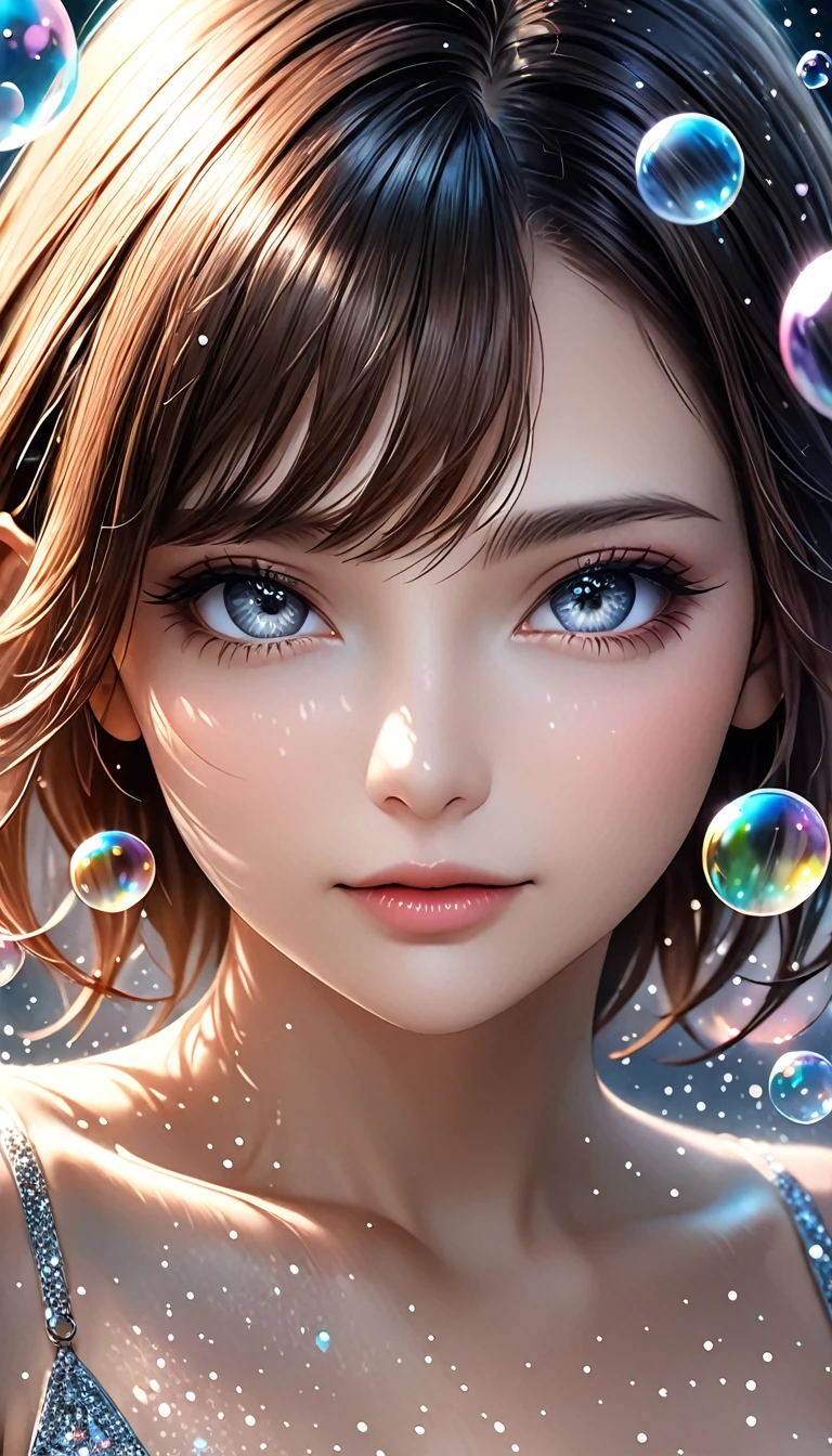 beautiful woman, portrait, shading effects, gradation magic effects, glitter effects, soap bubbles effects, foggy filter effect, (ultra detailed, absolutely resolution, best quality:1.3), 2.5D, delicate and dynamic, artistic photography, hyper realistic, graphic CG digital art