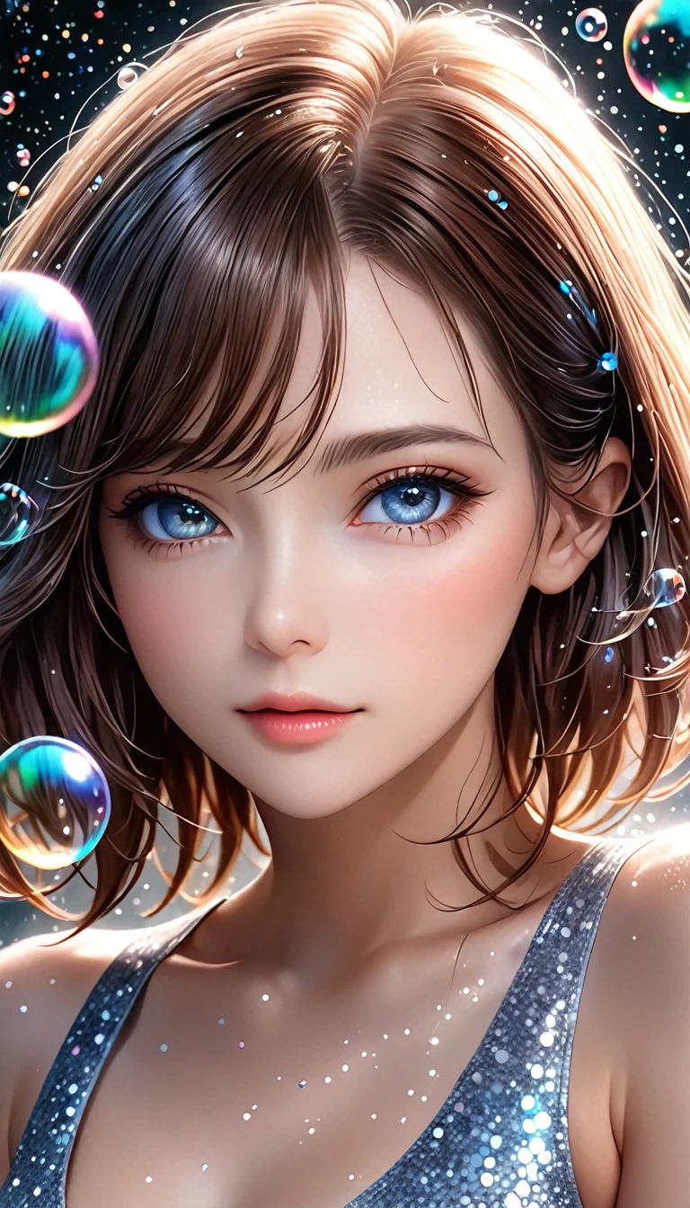 beautiful woman, portrait, shading effects, gradation magic effects, glitter effects, soap bubbles effects, foggy filter effect, (ultra detailed, absolutely resolution, best quality:1.3), 2.5D, delicate and dynamic, artistic photography, hyper realistic, graphic CG digital art