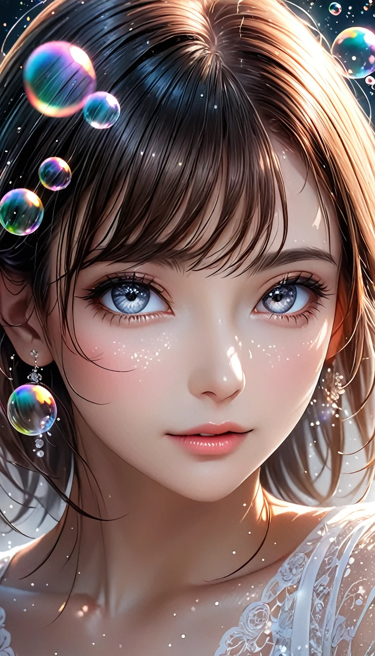 beautiful woman, portrait, shading effects, gradation magic effects, glitter effects, soap bubbles effects, foggy filter effect, (ultra detailed, absolutely resolution, best quality:1.3), 2.5D, delicate and dynamic, artistic photography, hyper realistic, graphic CG digital art