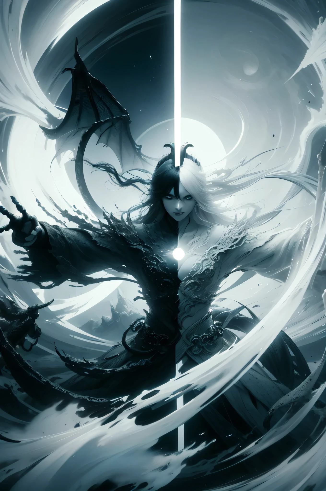 wabstyle, glowing, two-tone hair, (1girl:1.2), dragon, fog, mist, white, black, split theme, two-tone, sun, moon, wings, heaven, halo, skeleton, moster, ghost, horn, hell, fighting stance, dual wielding, long hair, cowboy shot, cinematic angle, fisheye, motion blur,