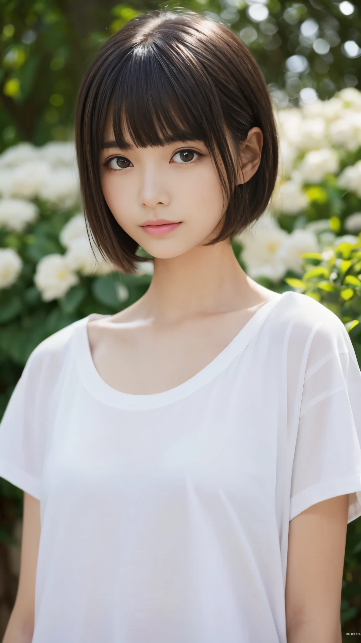 (Highest quality, Very detailed, masterpiece:1.2), 1 women, Very thin body, length, Thin legs, ((Black short hair:1.2)), ((Thick and fluffy bangs)), Very detailedな顔,A faint smile, small, Thin Nose, small thin mouth, Extremely sharply focused eyes, Japanese, Beautiful Face, Realistic eyes, Beautiful and beautiful eyes, Realistic Skin, Beautiful Skin, charm, (A vivid face), Beautiful Hairstyles,((Over Size white T-shirt)),脇を見せる,(腕を上げる),Creepy and unique hairstyles,下からのアングル, High resolution, Vibrant color palettel, Amazing place