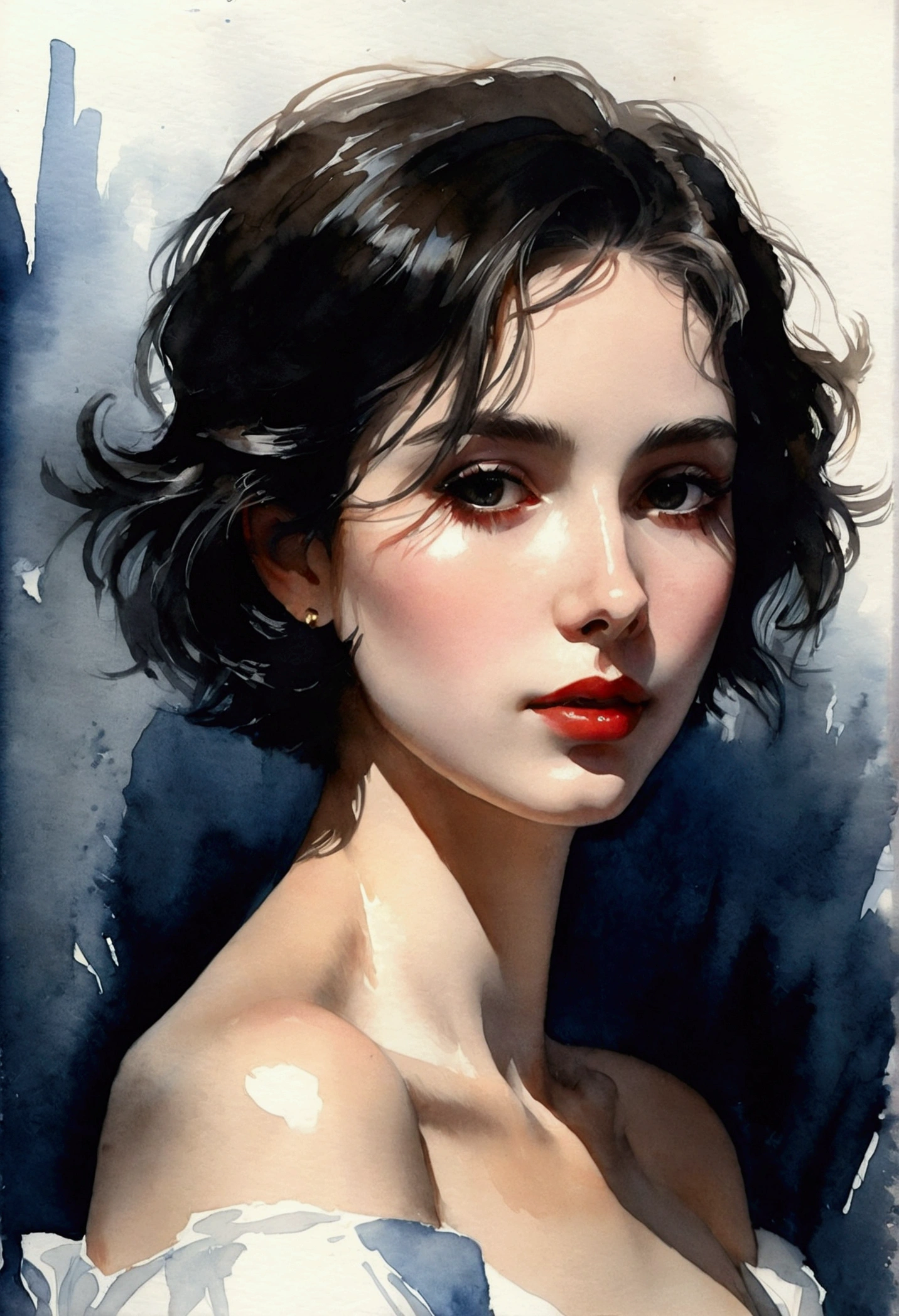 (Sargent style watercolor)、(best quality、masterpiece)、(Practical:1.5), RAW photos, 1 girl, Off-shoulder, in the darkness, Deep Shadows, Private Key, Cold Light, Sexy look, short hair