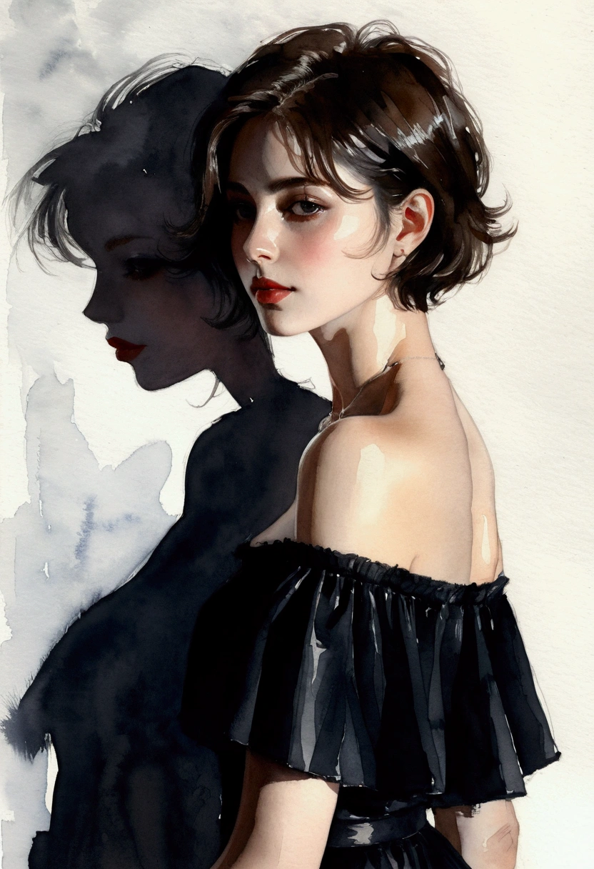 (Sargent style watercolor)、(best quality、masterpiece)、(Practical:1.5), RAW photos, 1 girl, Off-shoulder, in the darkness, Deep Shadows, Private Key, Cold Light, Sexy look, short hair