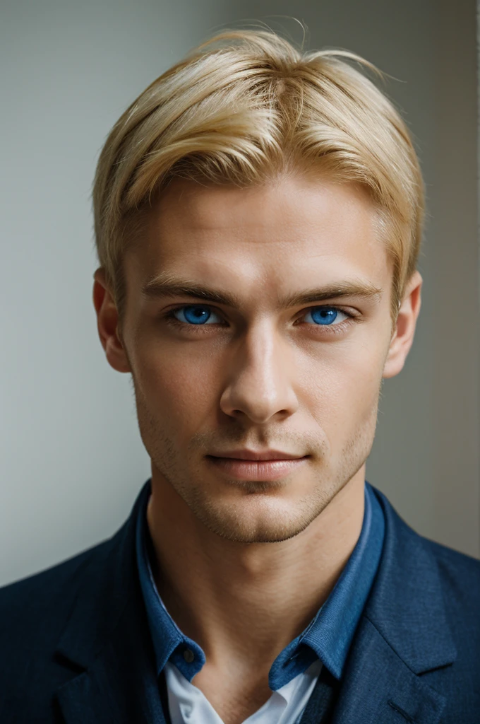 Create a digital artwork of a young handsome man from London. He has blonde hair and piercing blue eyes. In the portrait, he is facing sideways, with his eyes glancing backward, giving a mysterious and contemplative expression. His style is contemporary, featuring a smart casual blazer. The lighting should emphasize the thoughtful mood of the scene and highlight his unique facial features. he is not smiling, he has serious expression
