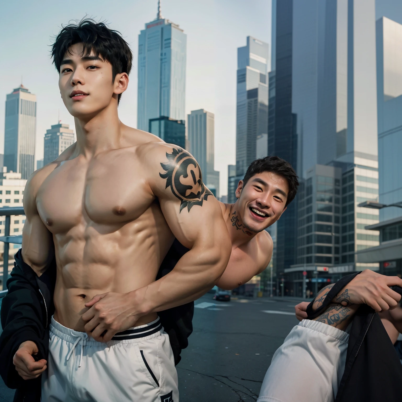 Korean men,  Athlete physique, giggle, Muscle Man, Wearing sportswear,Muscular body, slim, No body hair,On the streets of the city center with skyscrapers in the background,Full body shot, tattooed arms, Thin body,Detailed body, Center