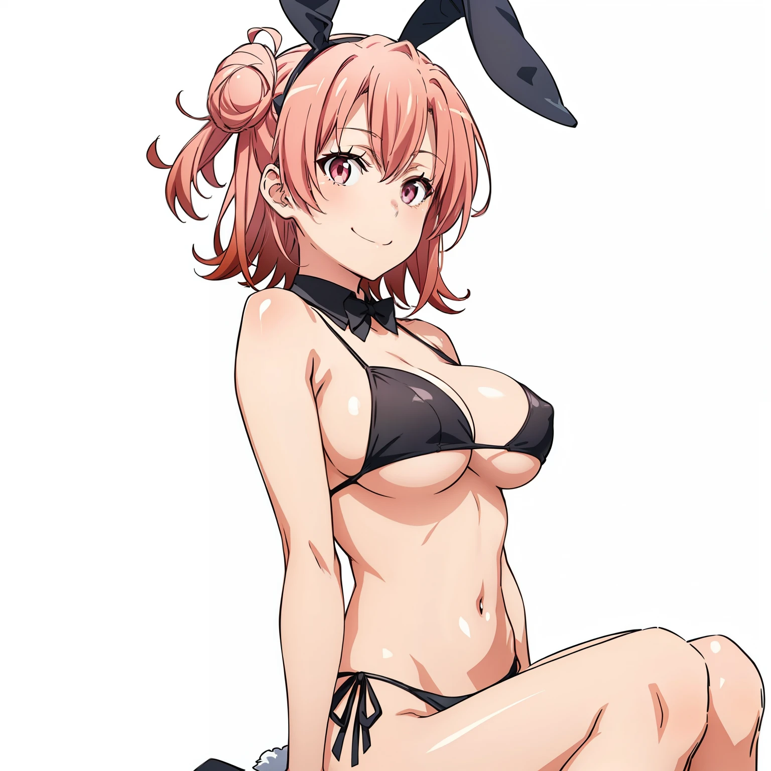 ((masutepiece, Best Quality, hight resolution, nffsw, Perfect Pixel, depth of fields, 4K, )), 1girl in, Solo, , Beautiful anime girl, Beautiful Art Style, close up, Looking at Viewer, Perfect body, side shot, Yuigahama Yui, Short hair, pink hair, pink eyes, hairbun, (large boob), side boob, sitting, black playboy bunny outfit, smile, hands on thighs, blank white background, shot from the waist up