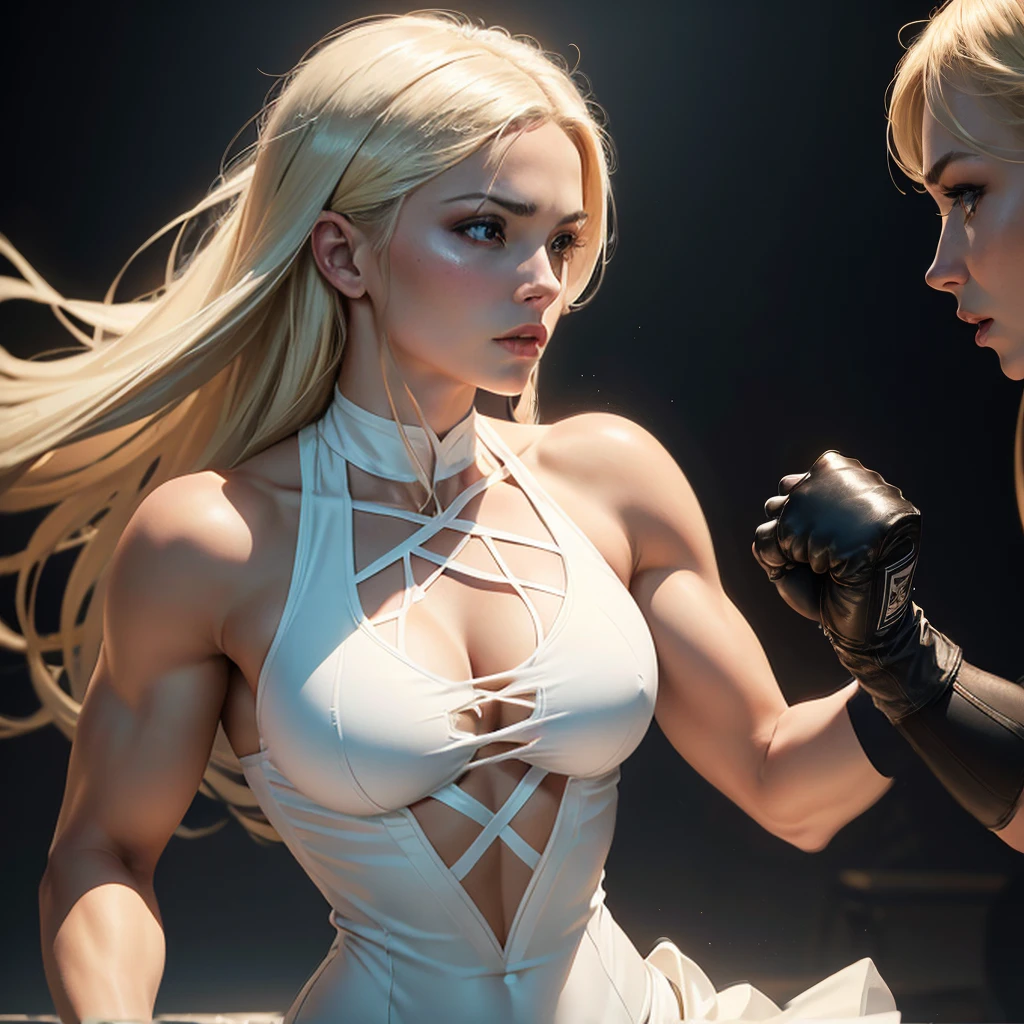 beautiful blonde girls, woman in white dress, woman in black bodystocking, muscular woman boxing, detailed facial features, intricate clothing textures, dramatic lighting, cinematic composition, vibrant colors, photorealistic, 8k, high resolution, masterpiece, concept art, epic scale, dynamic action pose