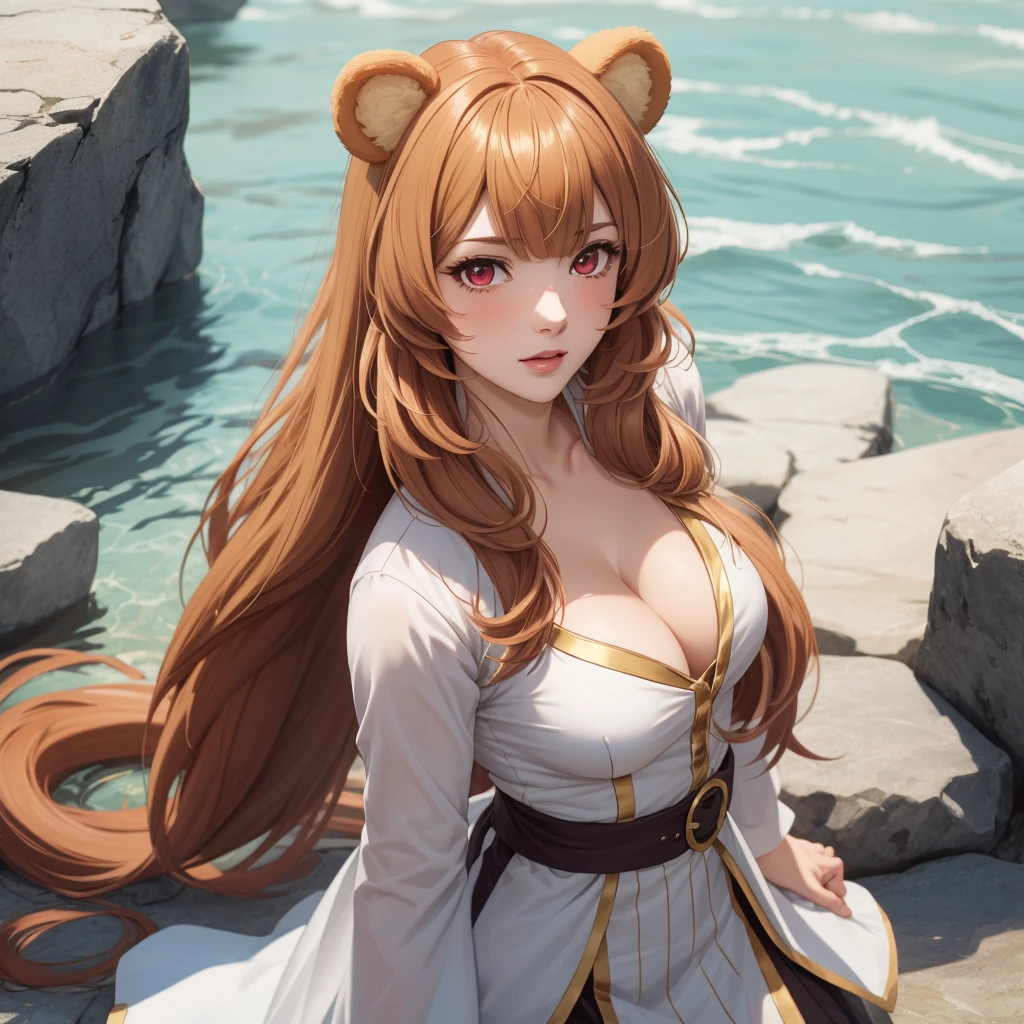 Raphtalia woman 35 years old straight floating golden blonde hair , rounded bear ears, red eyes like ruby, traje de superhéroe blanco. pecho descubierto, capa azul.
