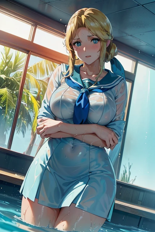 ((The location is a school classroom underwater)) ((The location is a school in the water)) Masterpiece (woman,The facial expression is accurate,Anime style face,greenish blue eyes ) Group ((((womanは授業を受けている)))) 8k((((high school girl)))) 8k(((((Wet))))) ((Staring at me)) Emphasize the chest (Depicting the underwater world well)