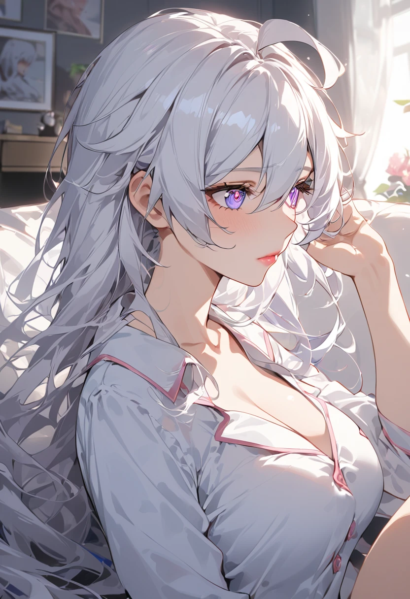 (masterpiece), best quality, expressive eyes, perfect face,detail eyes,4k,'Score_9, score_8, score_7_up,1girl, good hand,solo,

Kiana Kaslana ,(Honkai Impact 3rd), Messy hair,symbol-shaped pupils, hair ornament, ahoge, very long hair, purple eyes,White hair , large breast,athletic body,pink lips,pajamas,

Living room scenery, sitting,low light , from the side, looking away , close up, upper body, head Tilt , Fixing hair pose 