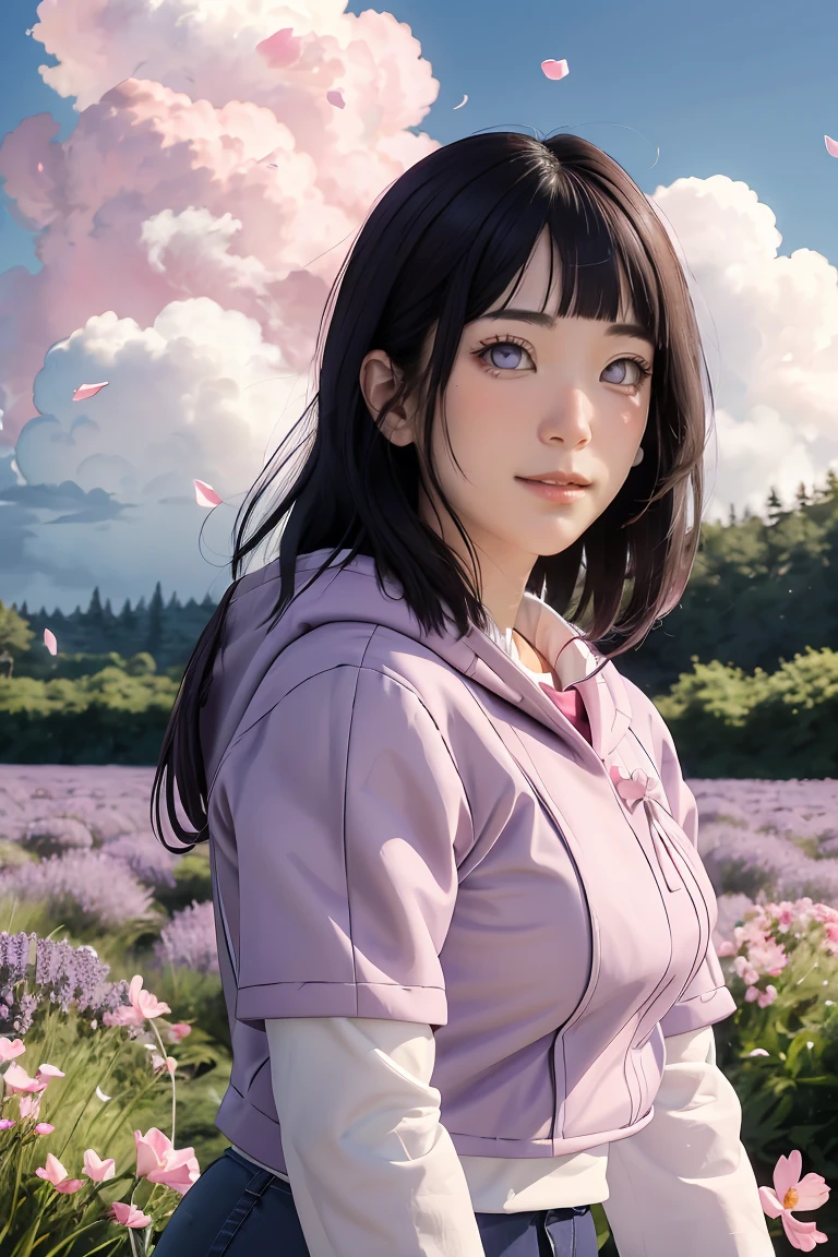 masterpiece, absurdres, hinata\(boruto\), 1girl, solo,mature female, purple hoodie,layered sleeves, brown pants, outdoors,lavender flower field, looking at viewer, (falling petals), cloudy sky, perfect composition, detailed lips, big breast, beautiful face, body propotion, blush, (pink lips), long hair, purple eyes, soft gaze, sad smile, super realistic, detailed, photoshoot, realistic face and body, realistic hair, realistic eyes, realistic nose, realistic lips