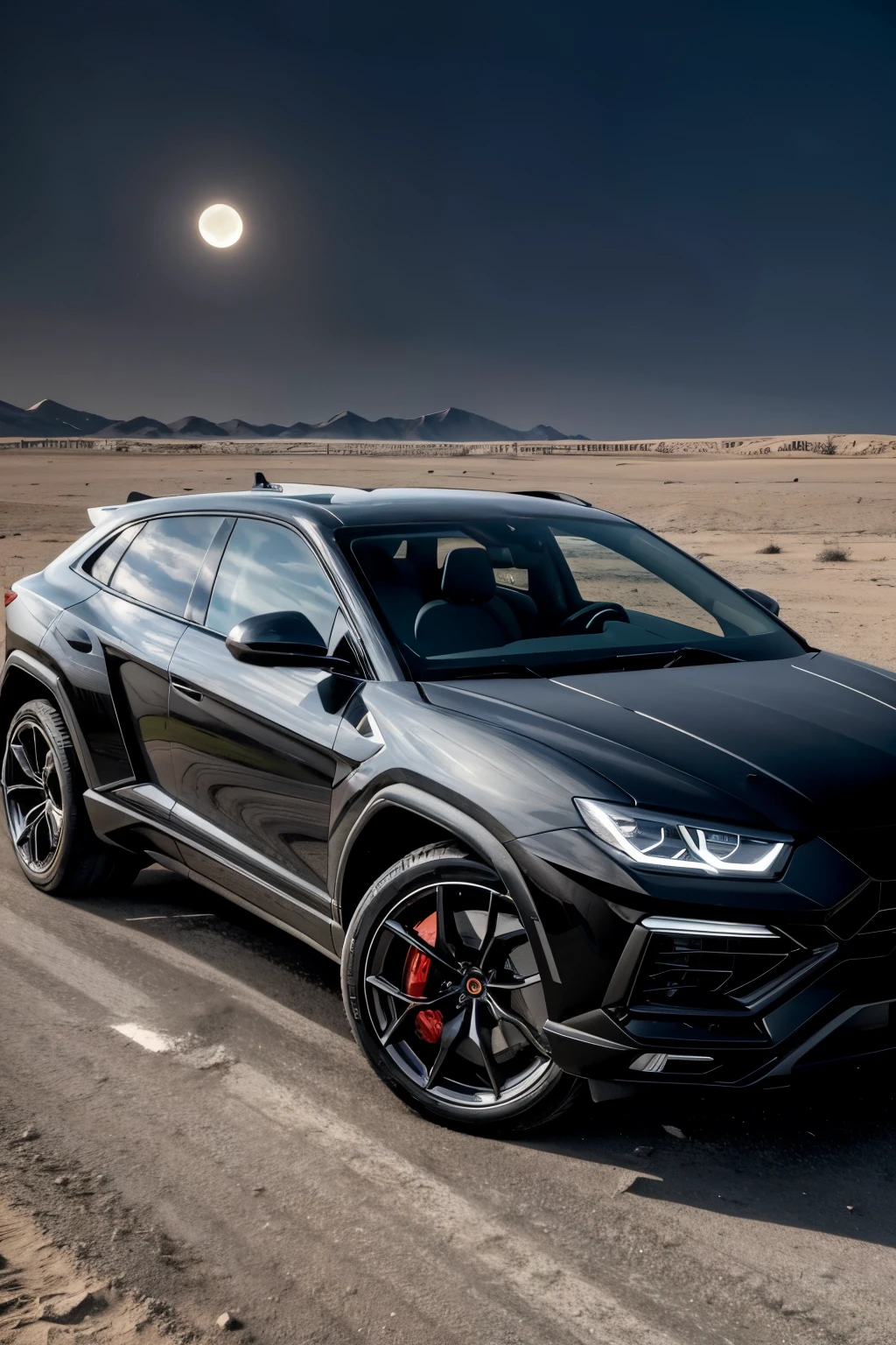 Urus model from the manufacturer Lamborghini, manufactured in 2024, na cor (black) walking under the moon