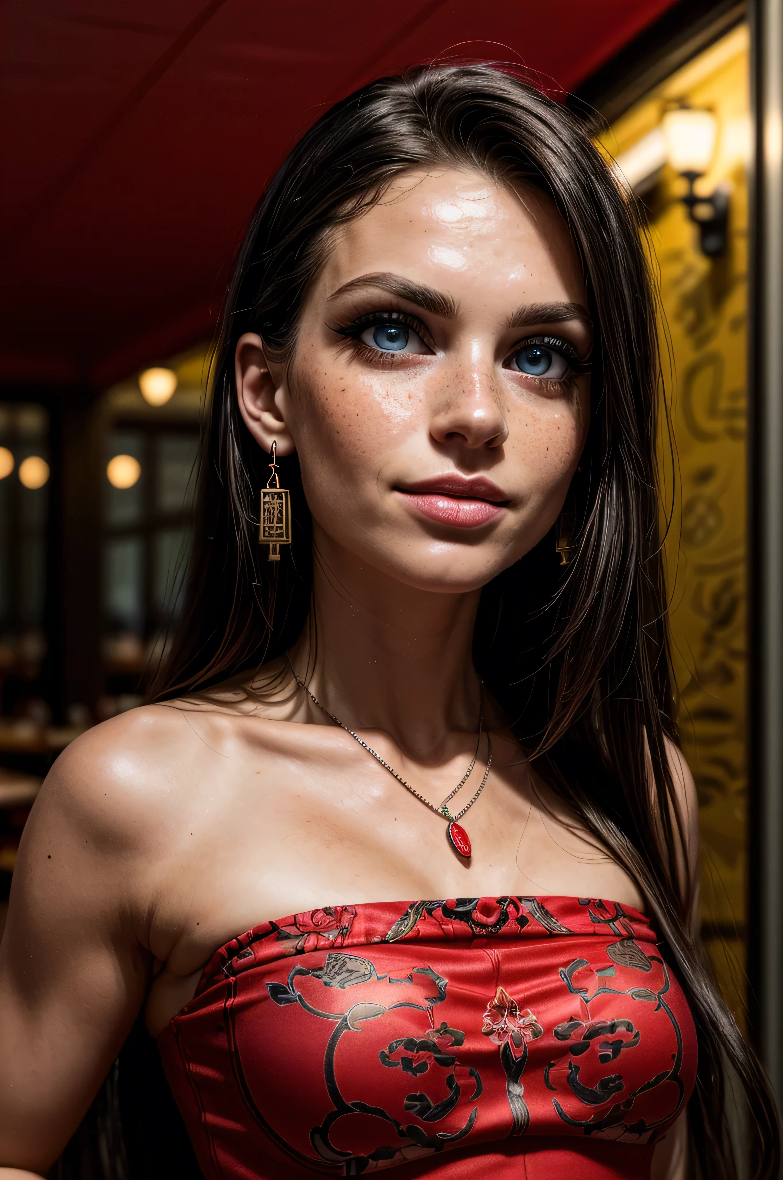 (masterpiece, photorealistic:1.4, extremely intricate:1.3), (photon mapping, radiosity, physically based rendering, ultra resolution, hyper-realistic, photorealistic:1.4, hyper-realistic, 8K), ((((closeup breasts portrait, [supermodel:athlete:0.2], (wide eyes, long lashes)), long straight ([glossblack hair:blonde hair:0.7], [makeup:freckles:0.7])), necklace), blue eyes), smile. laugh, BREAK, (((indoor, restaurant, party, night, dark, shadows, (red platinum chinoiserie elegant:1.3 dress))))