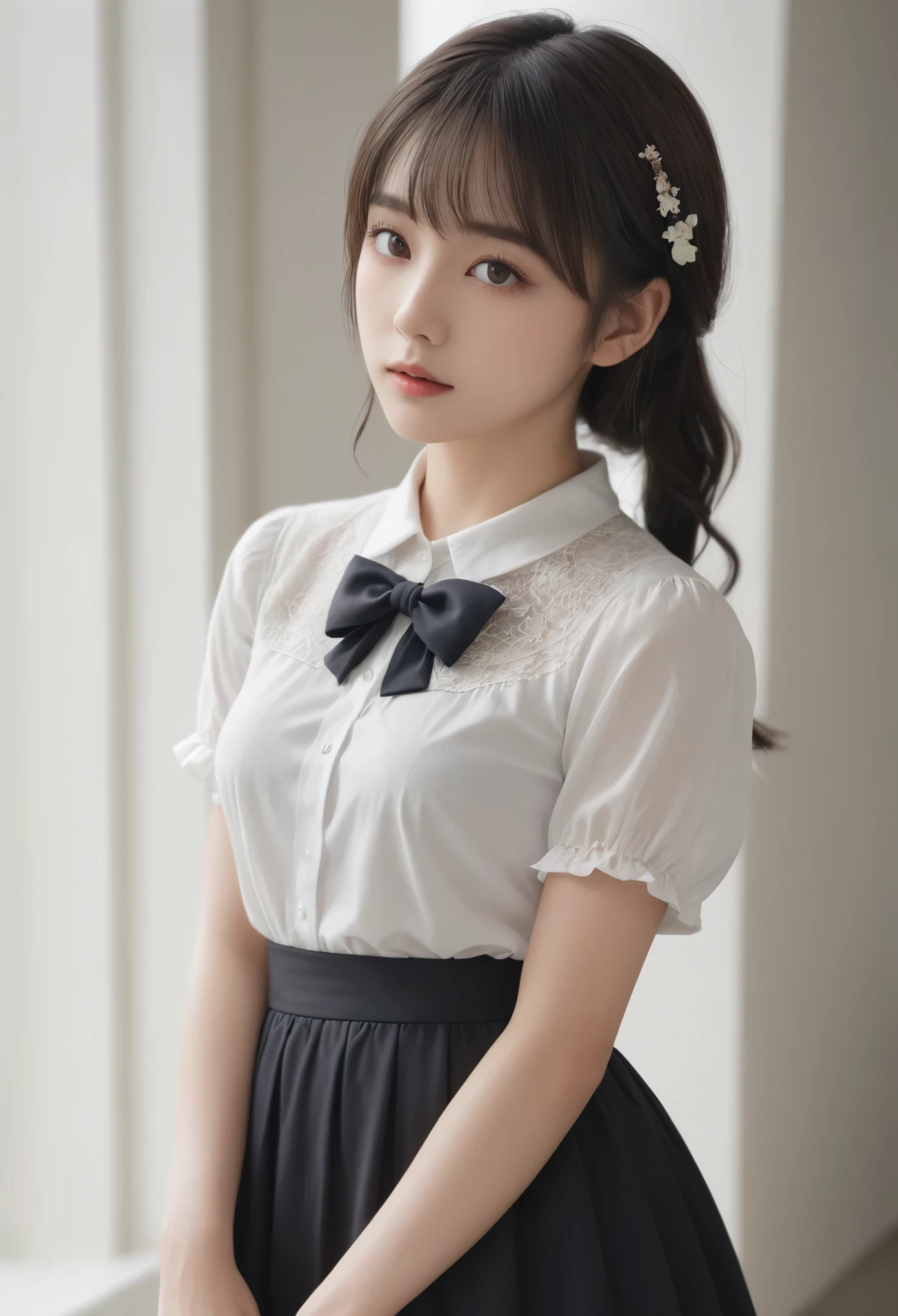 (masterpiece), (最high quality), (Very detailed), (Best Shadow), (photoRealistic:1.4), Frilled blouse, skirt, white ankle socks, (((((A long shot of a woman walking slowly))))), White floral dress, (Bright interior), (Soft Light), (Low contrast), (Shallow depth of field), (portrait of a beautiful woman illuminated by gentle light), (Very delicate and elegant depiction), (Short bangs), (Hair color is dark chestnut with a slight brown tinge), (Hair with subtle and gentle waves), (Small, intricate braids on the side of long hair), (Decorated with thin ribbons), ( White blouse with small frills), (bow tie), (青いロングskirt), (White short ankle socks), Cinema Lighting, One Girl, 16 years old, high quality, masterpiece, Very detailed, High resolution, 4K, 超High resolution, Detailed Shadows, Ultra-realistic, Dramatic lighting, One Girl, alone, Detailed face, Realistic eyes, Realistic Skin, Dynamic Hair, Dynamic pose, Dynamic Angle, White floral dress, White Background, Urzan-6500-v1.1, (RAW Photos:1.2), ( Realistic:1.4), Beautiful detailed girl, very detailed eyes and face, Beautiful attention to detail, Ridiculous, incredibly Ridiculous, Large file size, Very detailed, 