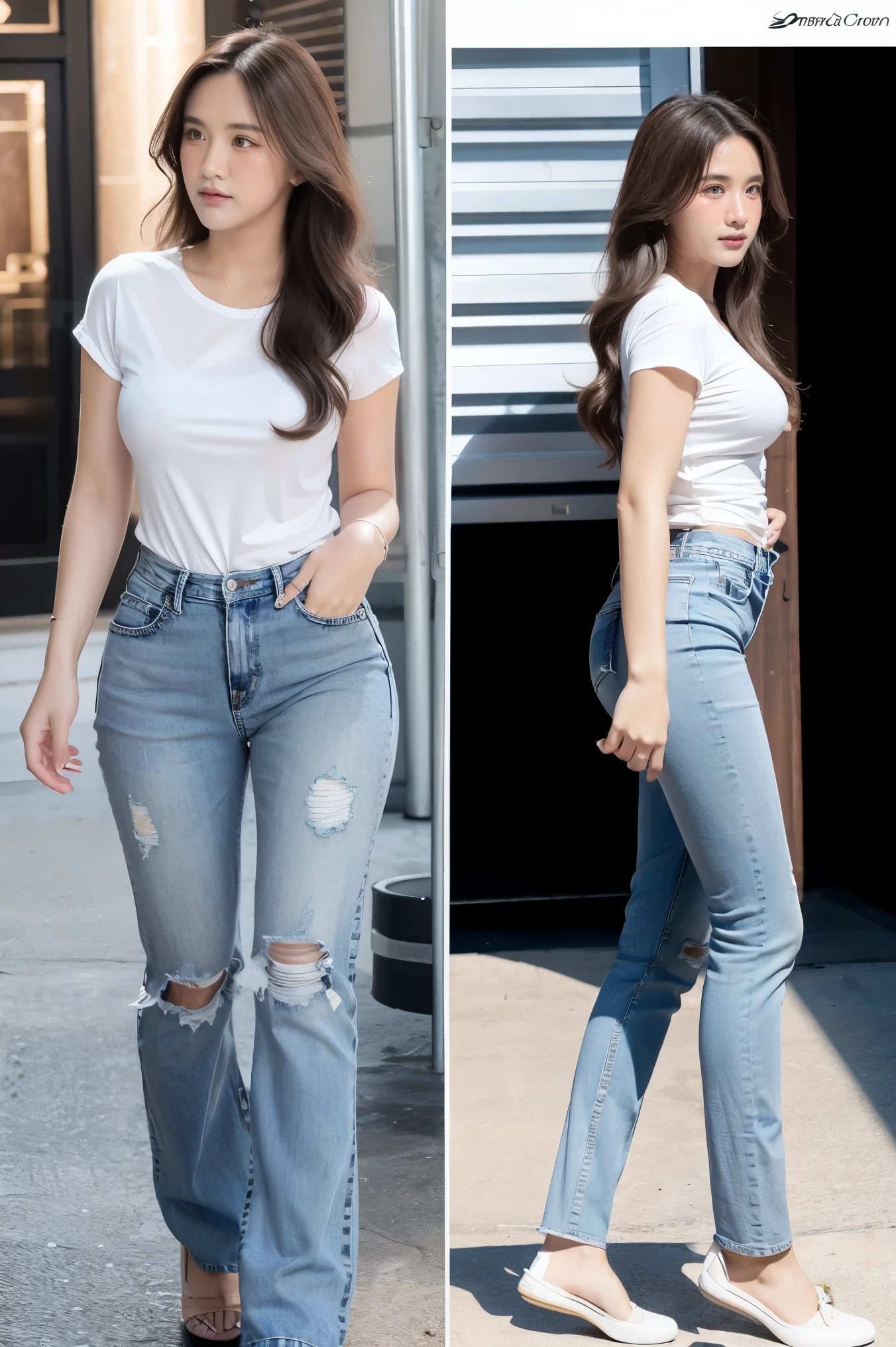 Detailed character sheet, Front view, Side view, Diagonal view, with a white returnground, show women, 30 years old, with dark brown hair combed return, Wearing light casual clothing, Wearing tight denim jeans. The seat includes different angles, Front etc., return, and Side views, Model sheets and reference sheets, Full-body painting. Proportions are based on a 7.5 head scale.