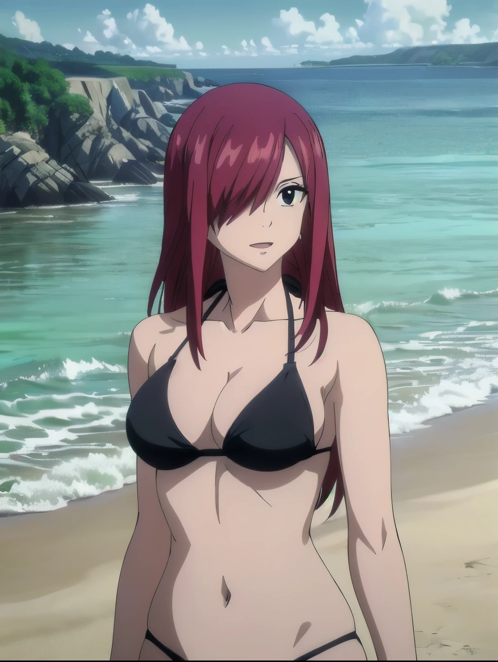 (black bikini only:1.6), groin, (vibrance:1.3), (beach during day time:1.4), (upper body:1.4), windy, tall, (focus on shoulder:1.4), ultra detailed face, perfect anatomy, (cowboy shot:1.6), from front, standing, ultra detailed body and face, ((one eye covered with hair, hair over eye)), (thick arms:1.6), perfect body proportions, (legs submerged in water:1.2), highest quality, 1girl, solo, smile, ERZASCARLET, BARE SHOULDERS, (big round breasts:1.2) cleavage, off-shoulder, tall girl, (long hair:1.7), (free flowing hair:1.4), (floating hair:1.3), ultra detailed red hair, open mouth, big eyes, (long belly:1.0), wide shoulders, beach, For the image quality, please prioritize (best quality, highres, masterpiece:1.8), itional prefixes
