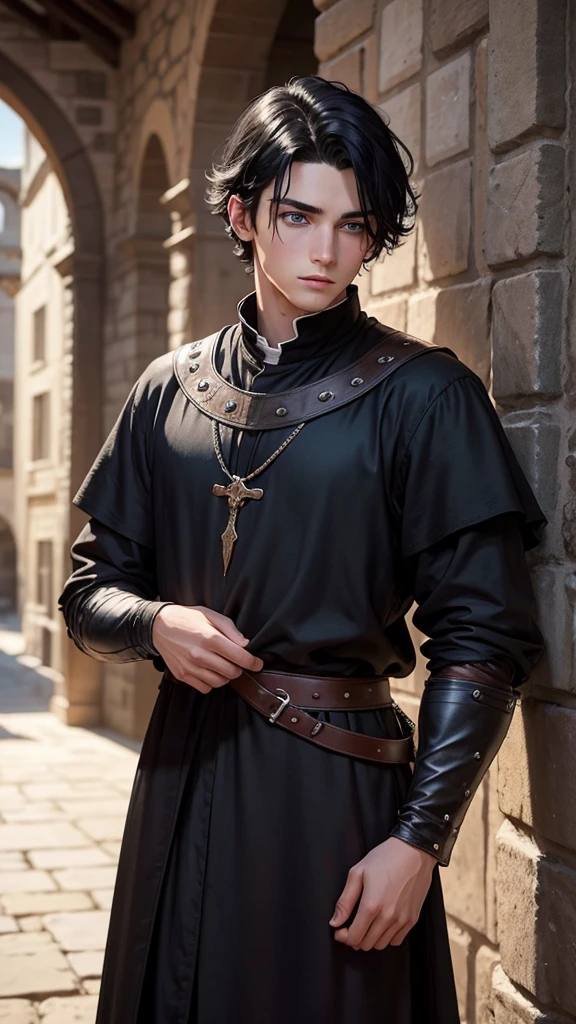 There is a 20 year old man, he has blue eyes and black hair, he wears black medieval clothes, he is looking at the