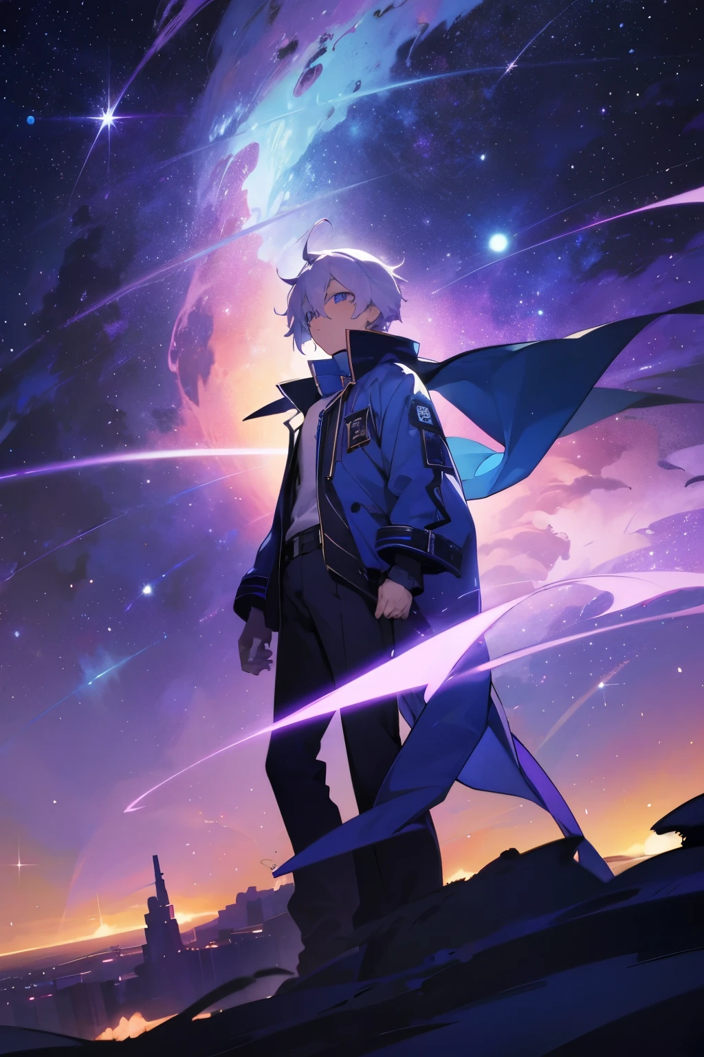 Anime - Style image of a man with purple white hair and a blue jacket,Starry sky, Starlight,Starry sky,Desert at night,Key anime art,Tall anime guy with blue eyes,key anime visuals,8K!on a galaxy looking background,Starry sky,2 d anime style。