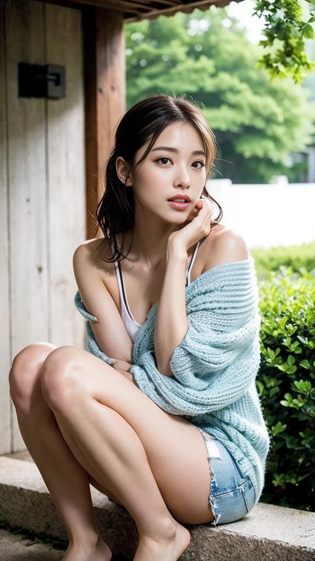 Dark brown hair、Light brown eyes、Japanese actress、I am about 40 years old....、(My NTR More about my category:1.2)、(top-qual私ty:1.4)、 (Ultra-high resolution:1.2)、Ultra-high resolution、(Private Detective Data)、(Detailed facial features)、Hmph、8K resolut私on、D cup breasts、Long Hair、Obscene pose、Beautiful feet、Open your mouth a little、Please lift your chin a little、Openwork knit、Loose knit top、Denim shorts、Outdoor shower、Outdoor showerを浴びる、Water splashes hit the body、Light of the sun、White wall、Water splashes from the shower、2Book legs、2Book Hand、Beautiful feet、Expressions of weakness、Posing with a sense of vulnerability、Shooting from an angle、Water Drop、Wet body、Shower body、Halter neck、