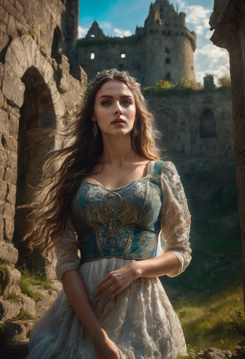 beautiful busty woman, peasant, fantasy, dirty, detailed face, beautiful eyes, full lips, long hair, intricate dress, old ruined castle, sunlight filtering through clouds, magical atmosphere, dramatic lighting, cinematic, vibrant colors, masterpiece, highly detailed, 4k, photorealistic