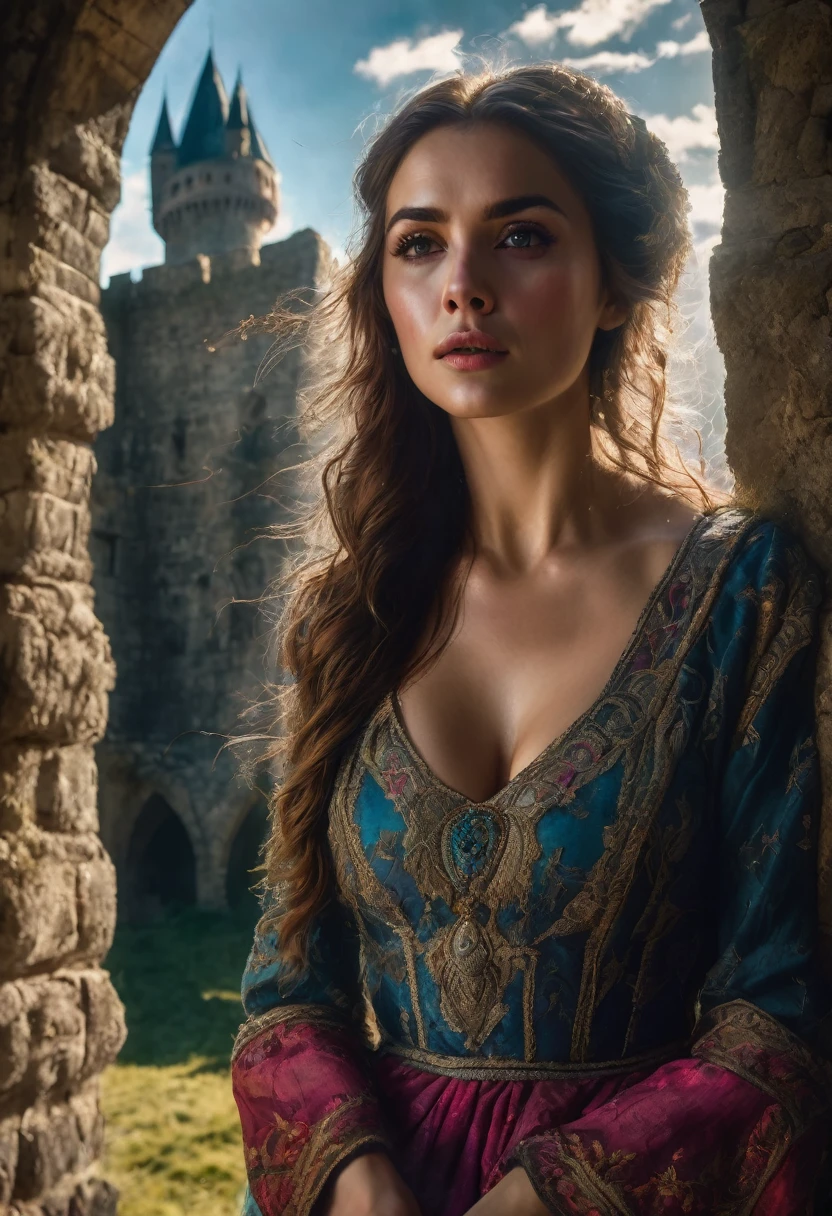 beautiful busty woman, peasant, fantasy, dirty, detailed face, beautiful eyes, full lips, long hair, intricate dress, old ruined castle, sunlight filtering through clouds, magical atmosphere, dramatic lighting, cinematic, vibrant colors, masterpiece, highly detailed, 4k, photorealistic