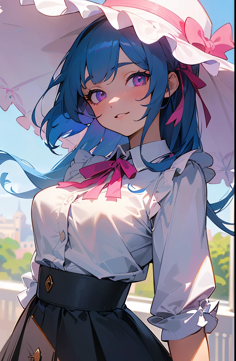 (detailed beautiful eyes and detailed face, masterpiece side light, masterpiece, Highest quality, detailed, High resolution illustrations), (1 girl, beautiful girl, Shiny skin), (Sky Blue Hair, Pink Eyes, skirt, ribbon, Button-down shirt)、Face close-up、Laugh gently、amusement park、