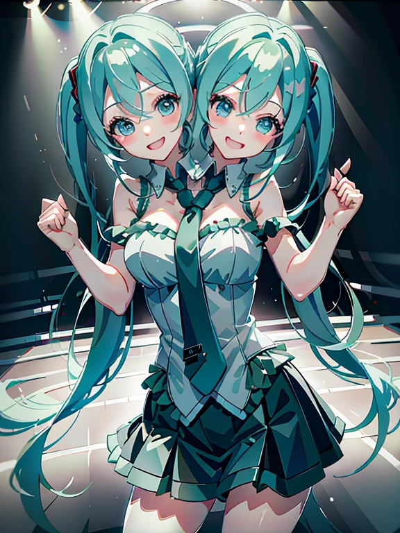 (Masterpiece, best quality), best resolution, (2 heads:1.5), 1 girl, Hatsune Miku, aqua hair, twin tail, long hair, tear, open mouth, smile, be happy, sing, Dancing, White sleeveless shirt, Aqua necktie, black skirt, arms separated, concert stage