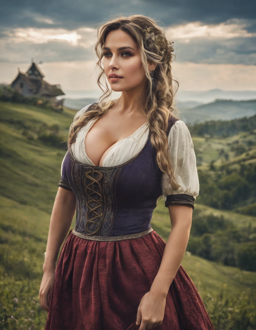 beautiful busty woman, peasant, fantasy, dirty