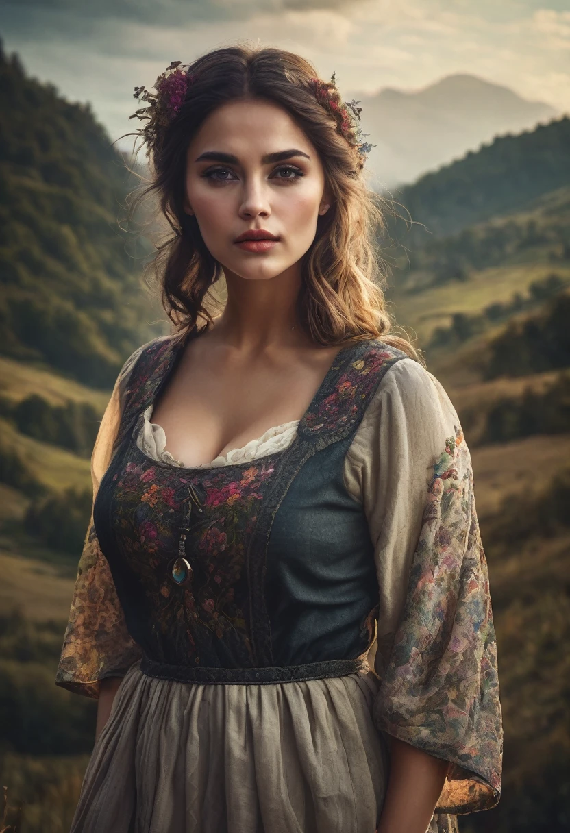 beautiful busty woman in a peasant dress, fantasy art, detailed face, piercing eyes, lush lips, fantasy landscape, cinematic lighting, intricate details, dramatic mood, muted colors, high quality