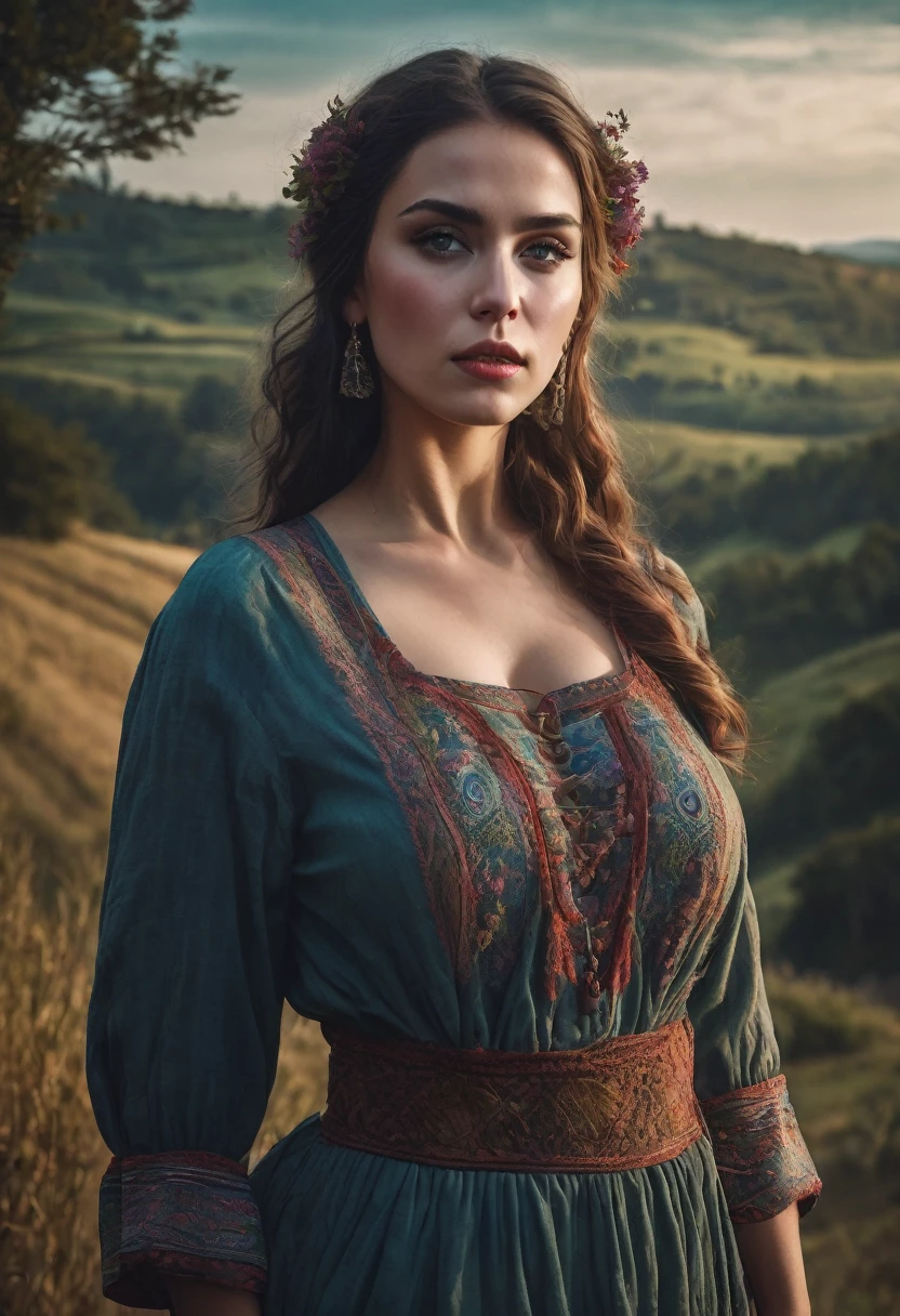 beautiful busty woman in a peasant dress, fantasy art, detailed face, piercing eyes, lush lips, fantasy landscape, cinematic lighting, intricate details, dramatic mood, muted colors, high quality