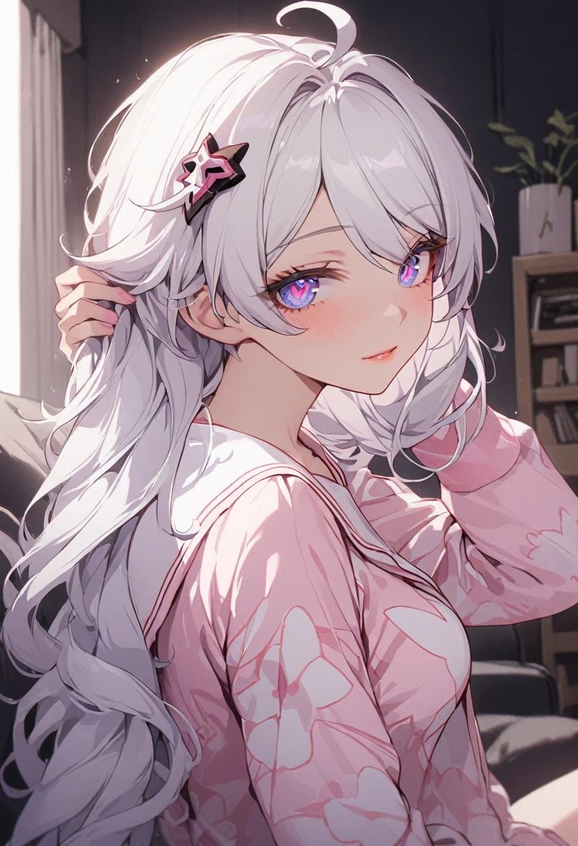 (masterpiece), best quality, expressive eyes, perfect face,detail eyes,4k,'Score_9, score_8, score_7_up,1girl, good hand,solo,

Kiana Kaslana ,(Honkai Impact 3rd), Messy hair,symbol-shaped pupils, hair ornament, ahoge, very long hair, purple eyes,White hair , large breast,athletic body,pink lips,pajamas,

Living room scenery, sitting,low light , from the side, looking at viewer , close up, upper body, head Tilt , Fixing hair pose 