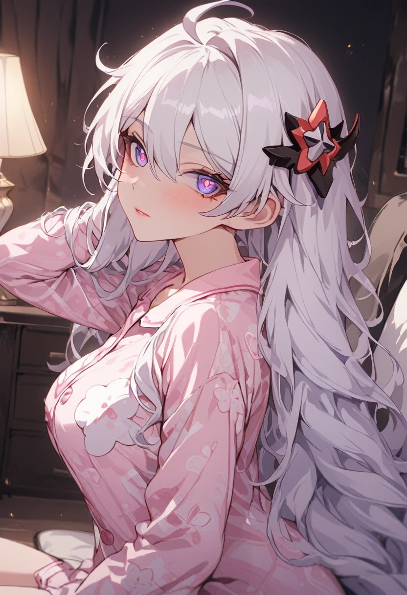 (masterpiece), best quality, expressive eyes, perfect face,detail eyes,4k,'Score_9, score_8, score_7_up,1girl, good hand,solo,

Kiana Kaslana ,(Honkai Impact 3rd), Messy hair,symbol-shaped pupils, hair ornament, ahoge, very long hair, purple eyes,White hair , large breast,athletic body,pink lips,pajamas,

Living room scenery, sitting,low light , from the side, looking at viewer , close up, upper body, head Tilt , Fixing hair pose 