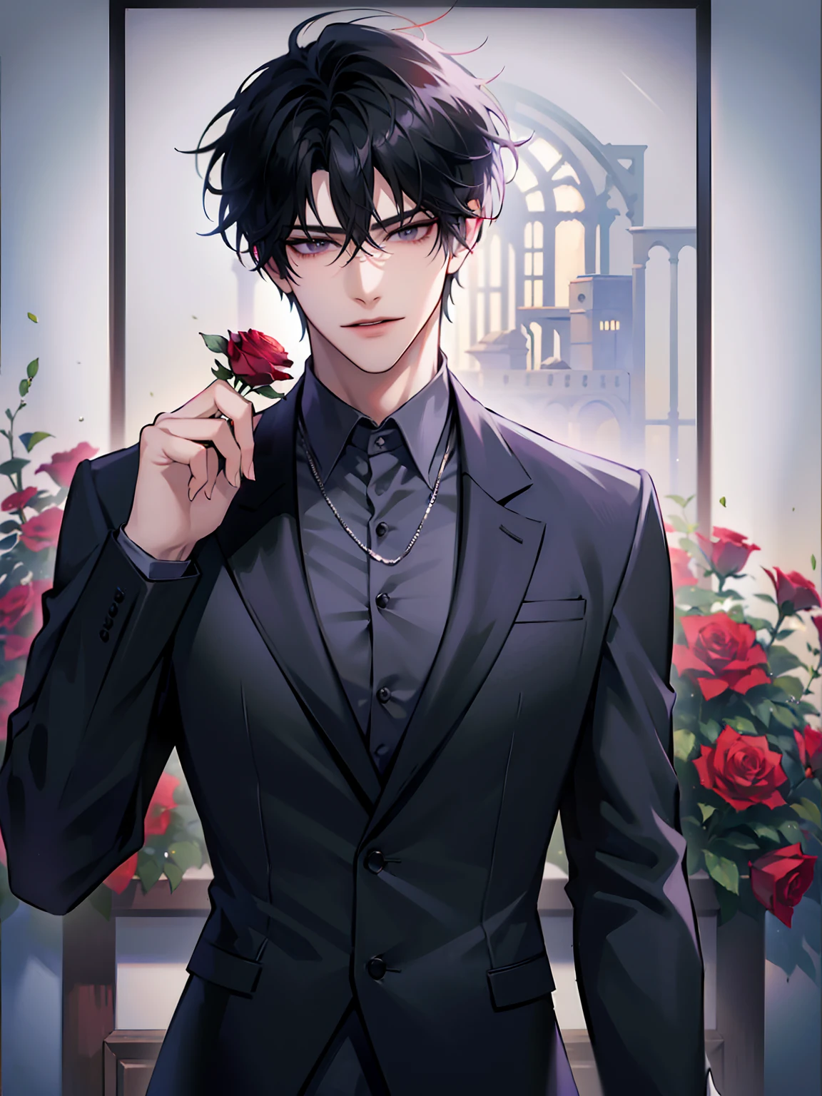 (masterpiece, 8k, high quality, best quality:1.6), 1boy, solo, short hair, black hair, asymmetrical fringe, purple eyes, handsome, sharp eyes, (mature male, mature:1.2), male focus, fashionable, tucked in open white collared shirt, gray pants, necklace, outdoors, meadow, flowery field, close up, smile, long eyelashes, soft shadows, perfect anatomy, holding a bouqet of red roses, spring season