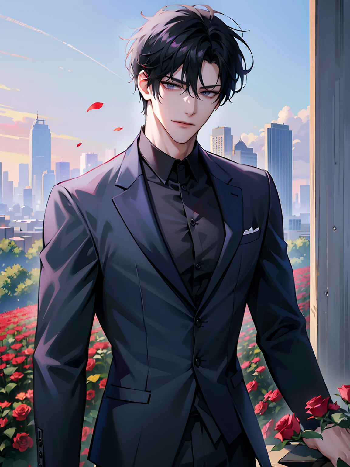 (masterpiece, 8k, high quality, best quality:1.6), 1boy, solo, short hair, black hair, asymmetrical fringe, purple eyes, handsome, sharp eyes, (mature male, mature:1.2), male focus, fashionable, tucked in open white collared shirt, gray pants, necklace, outdoors, meadow, flowery field, close up, smile, long eyelashes, soft shadows, perfect anatomy, holding a bouqet of red roses, spring season