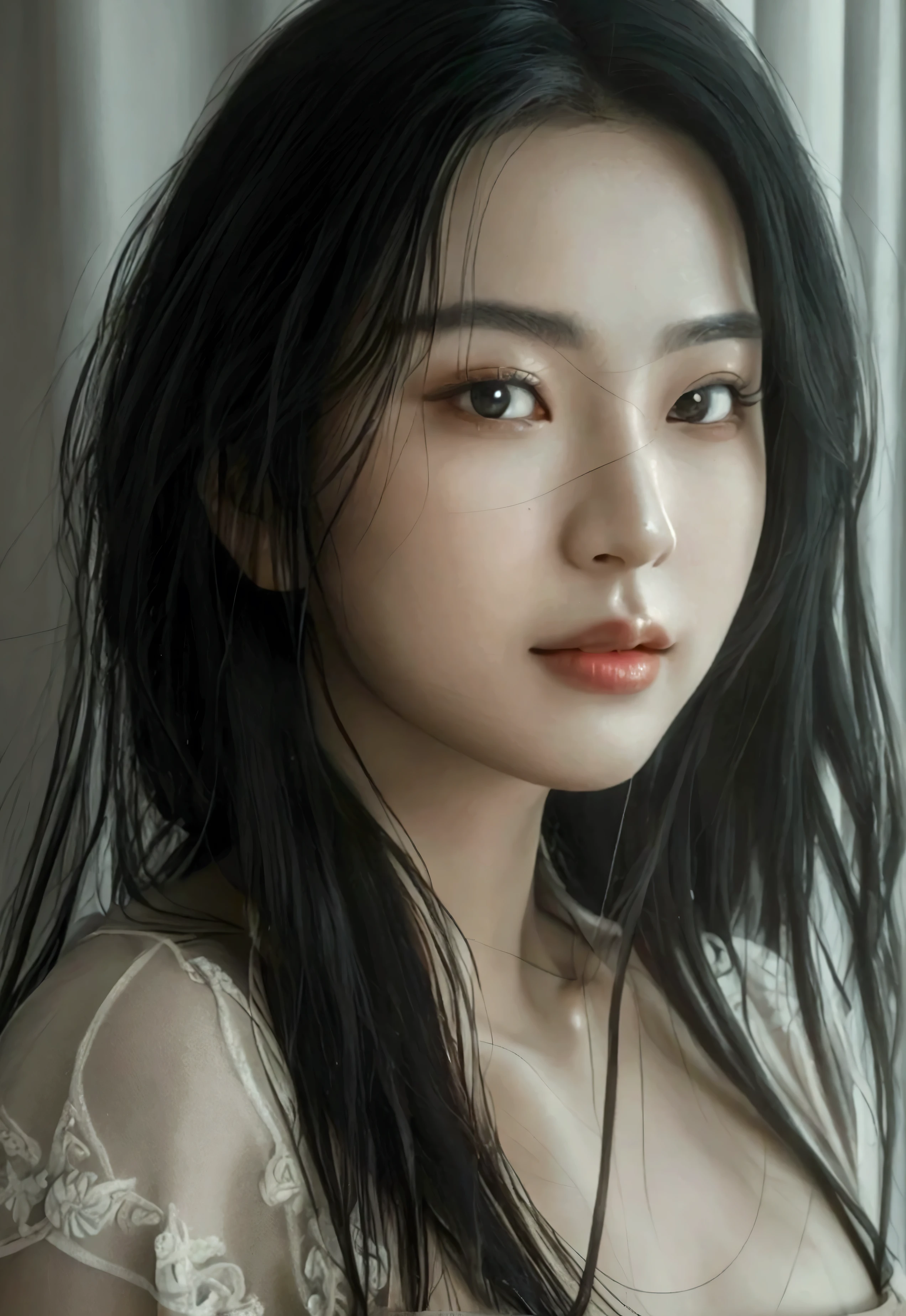 (best quality,4k,8k,highres,masterpiece:1.2),ultra-detailed,(realistic,photorealistic,photo-realistic:1.37),ultra realist photo selfie of a beautiful asian woman with long black hair, detailed facial features, serene expression, intricate hairstyle, taking a selfie with the camera, soft studio lighting, warm color palette, cinematic composition