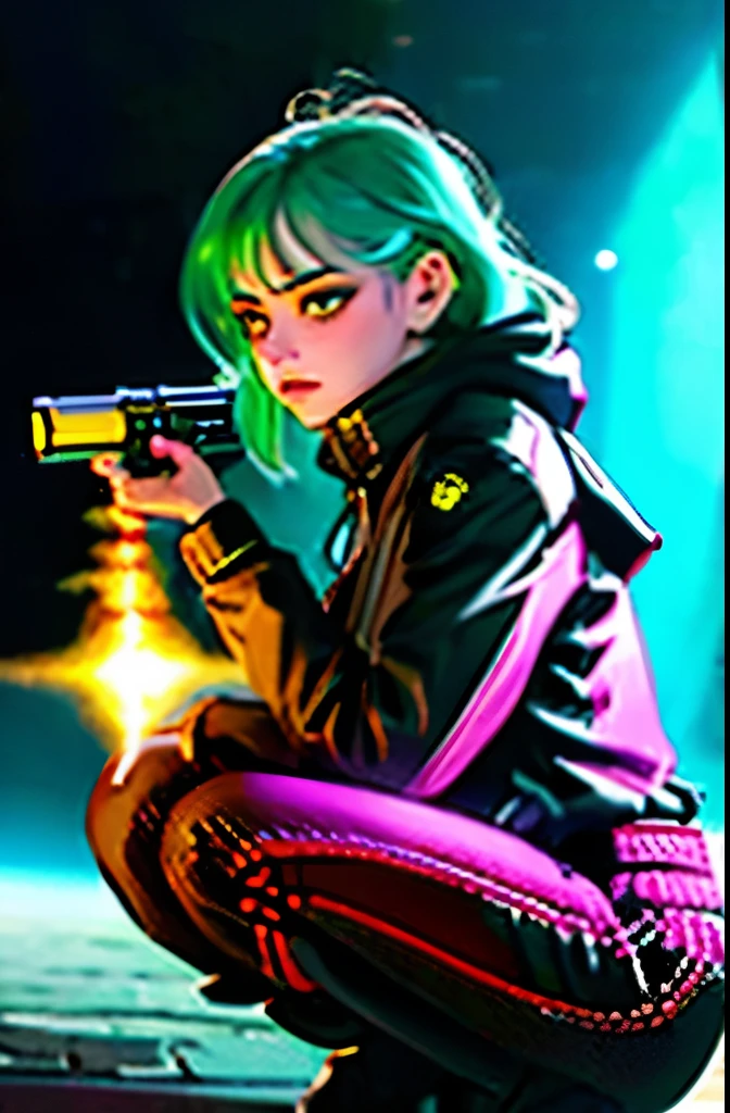 (grainy:0.5), cinematic,girl, space, serious, detailed eyes, detailed face, detailed futuristic clothes, lights in clothes, (aiming gun:1.1), (hiding:1.1), (squatting, looking to side:1.1), volumetric lighting, isolation, horror, dark lighting, red bioluminescent details, green bioluminescent details, blue bioluminescent details