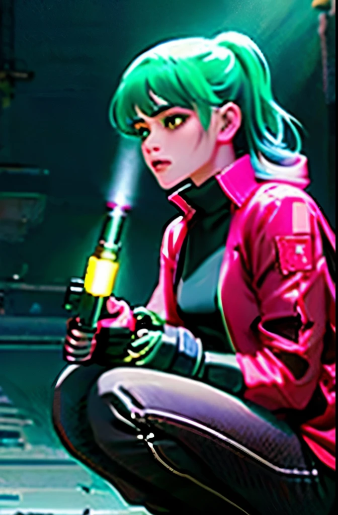 (grainy:0.5), cinematic,girl, space, serious, detailed eyes, detailed face, detailed futuristic clothes, lights in clothes, (aiming gun:1.1), (hiding:1.1), (squatting, looking to side:1.1), volumetric lighting, isolation, horror, dark lighting, red bioluminescent details, green bioluminescent details, blue bioluminescent details